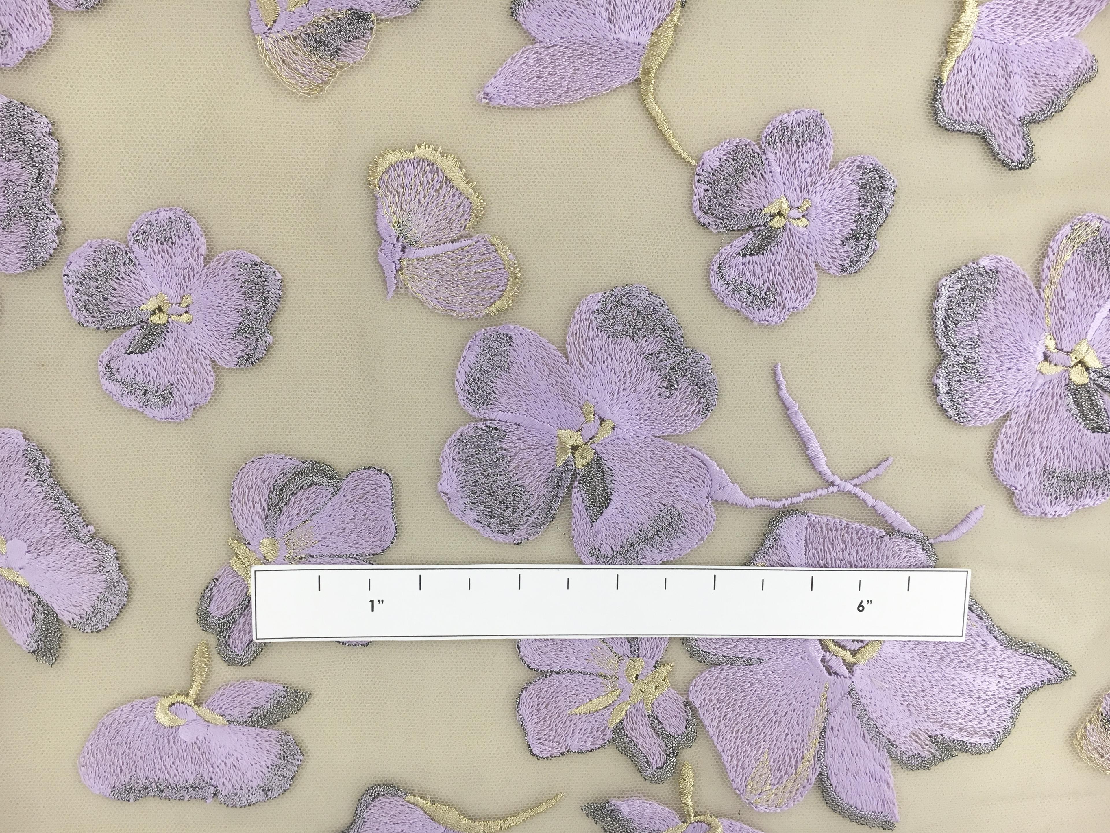 Embroidered Metallic Tulle with Degradé Flowers and Butterflies1