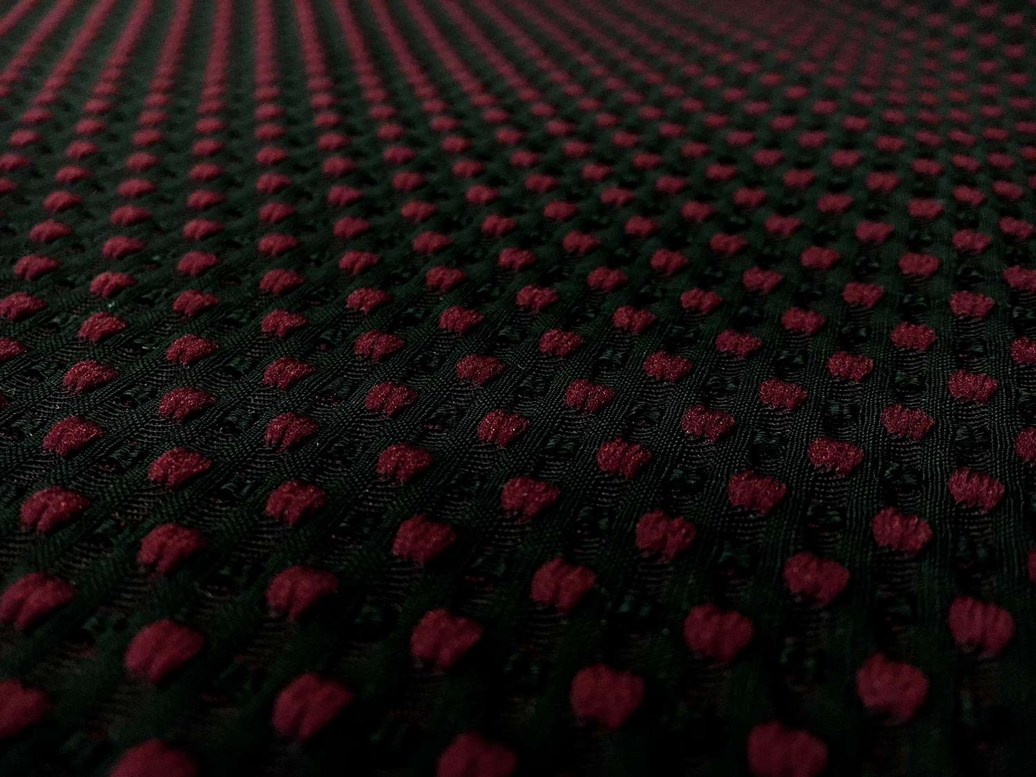 Polyester Swiss Dot Brocade with Maroon Dots0