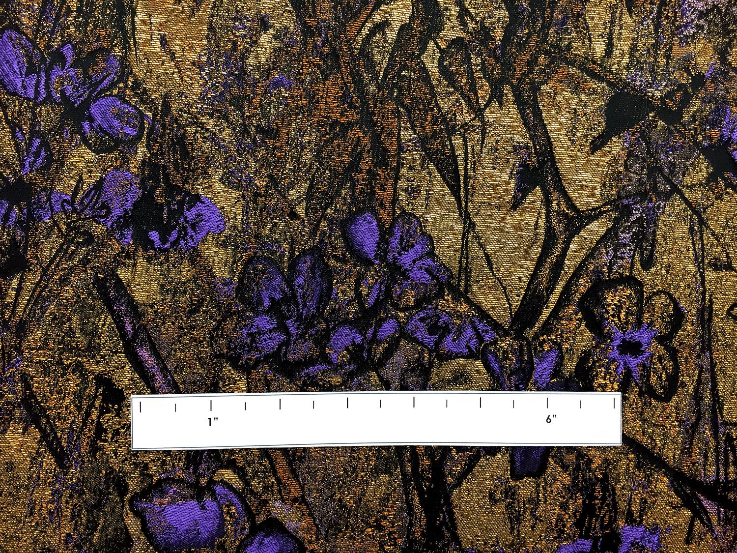 Antique Gold Floral Brocade Fabric with Violet Flowers1