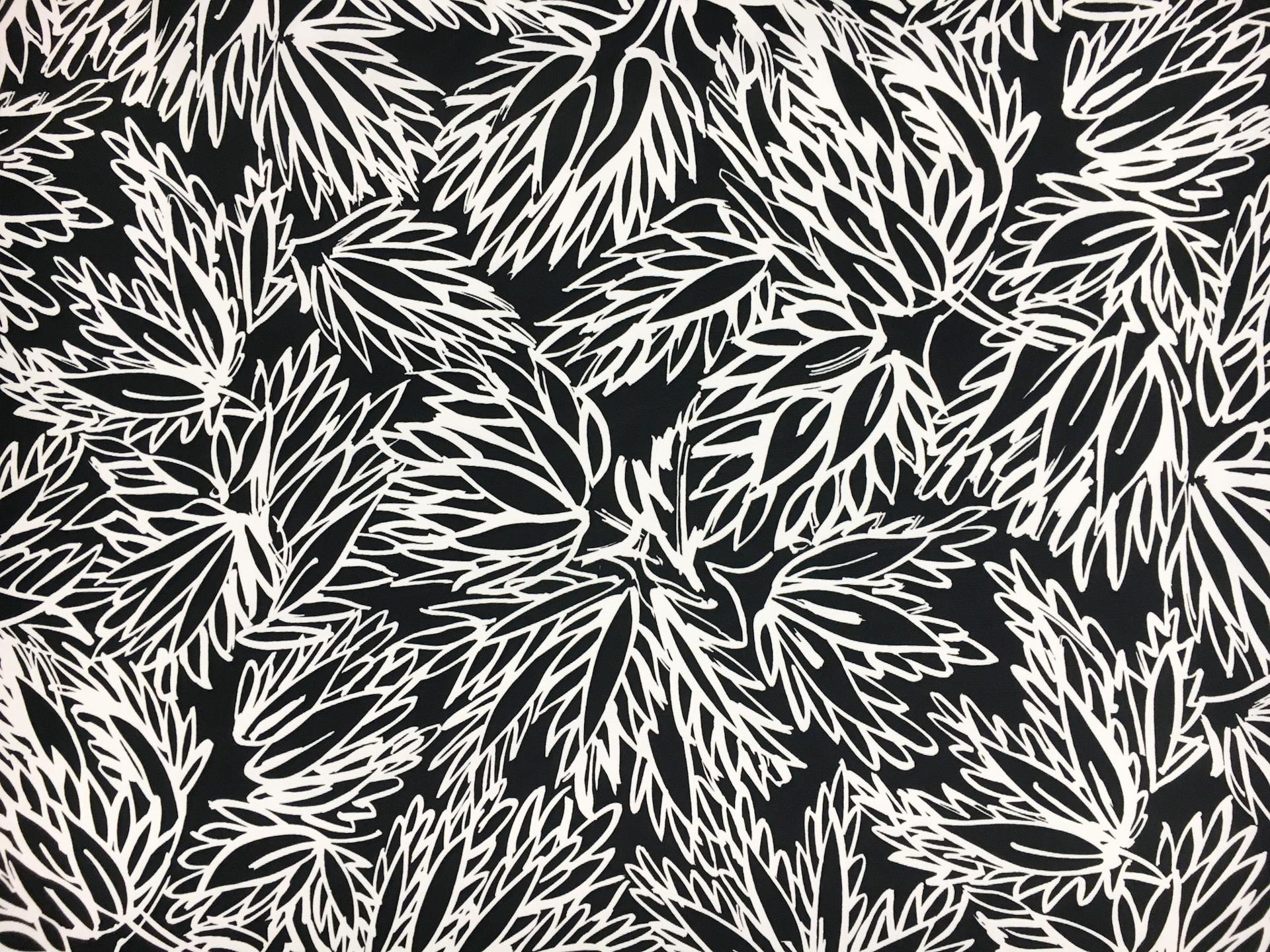 Printed Cotton Viscose Faille with Sketched Black and White Leaves0