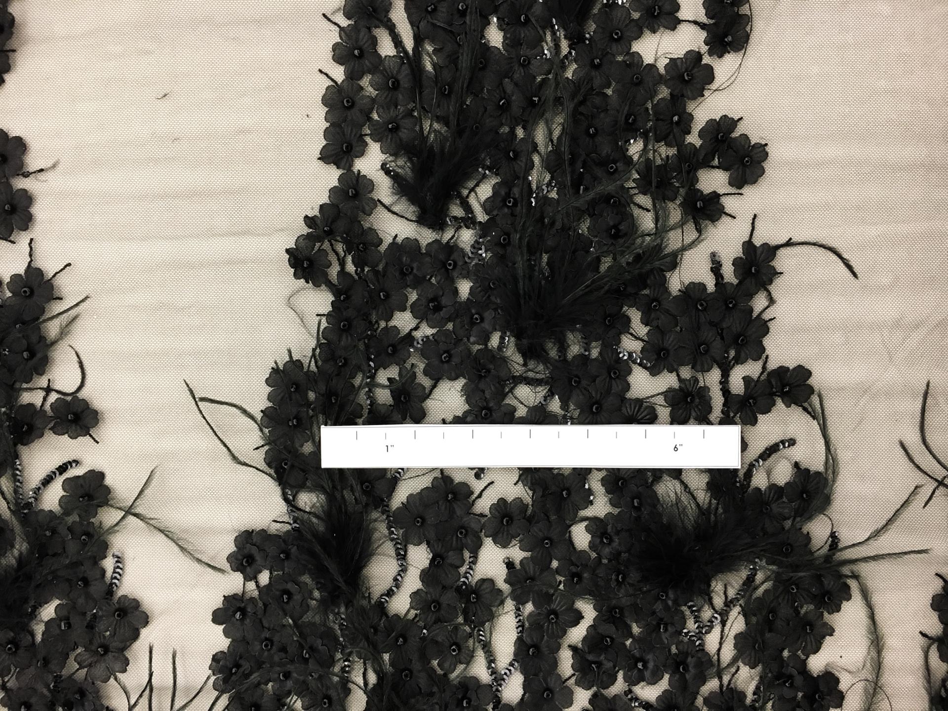 Beaded and Embroidered Tulle with Appliqued Flowers and Feathers in Triangle Patterns1