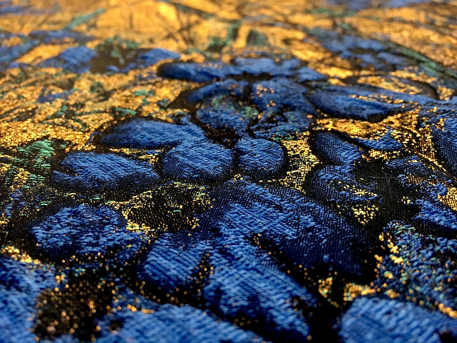 Antique Gold Floral Brocade Fabric with Blue Flowers2