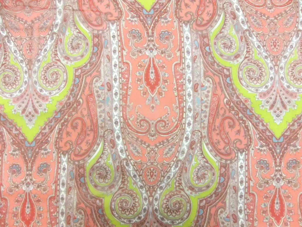 Silk Chiffon with Ornamental White Green Blue Paisley Print On Pink Background