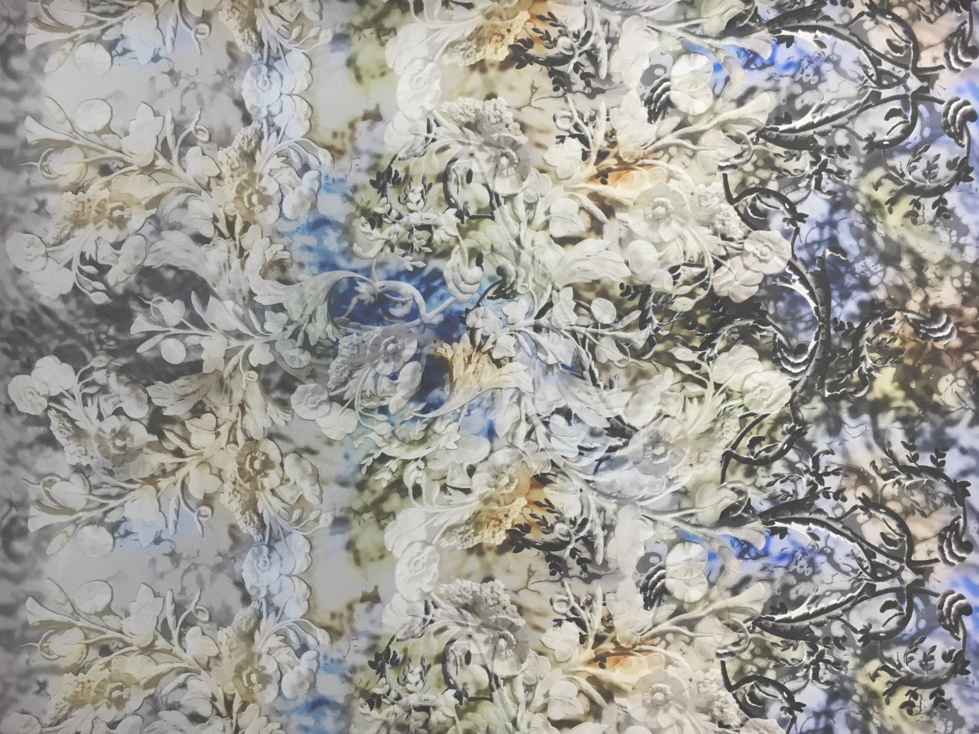Printed Silk Chiffon with Large Leaves and Filigree0