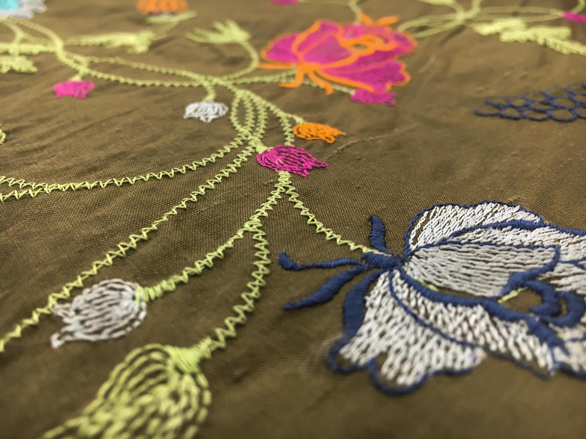 Silk Shantung with Embroidered Floral Paterns on Vines2