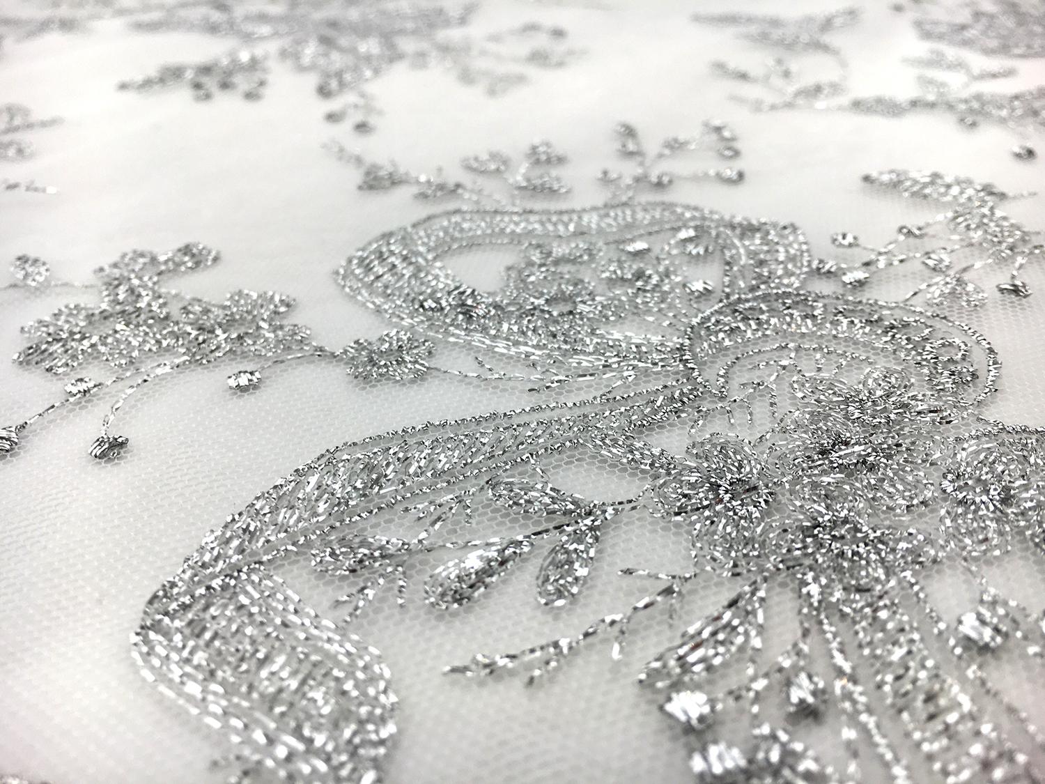 Jakob Schlaepfer Metallic Embroidered Tulle with Florals and Ribbons in Silver1