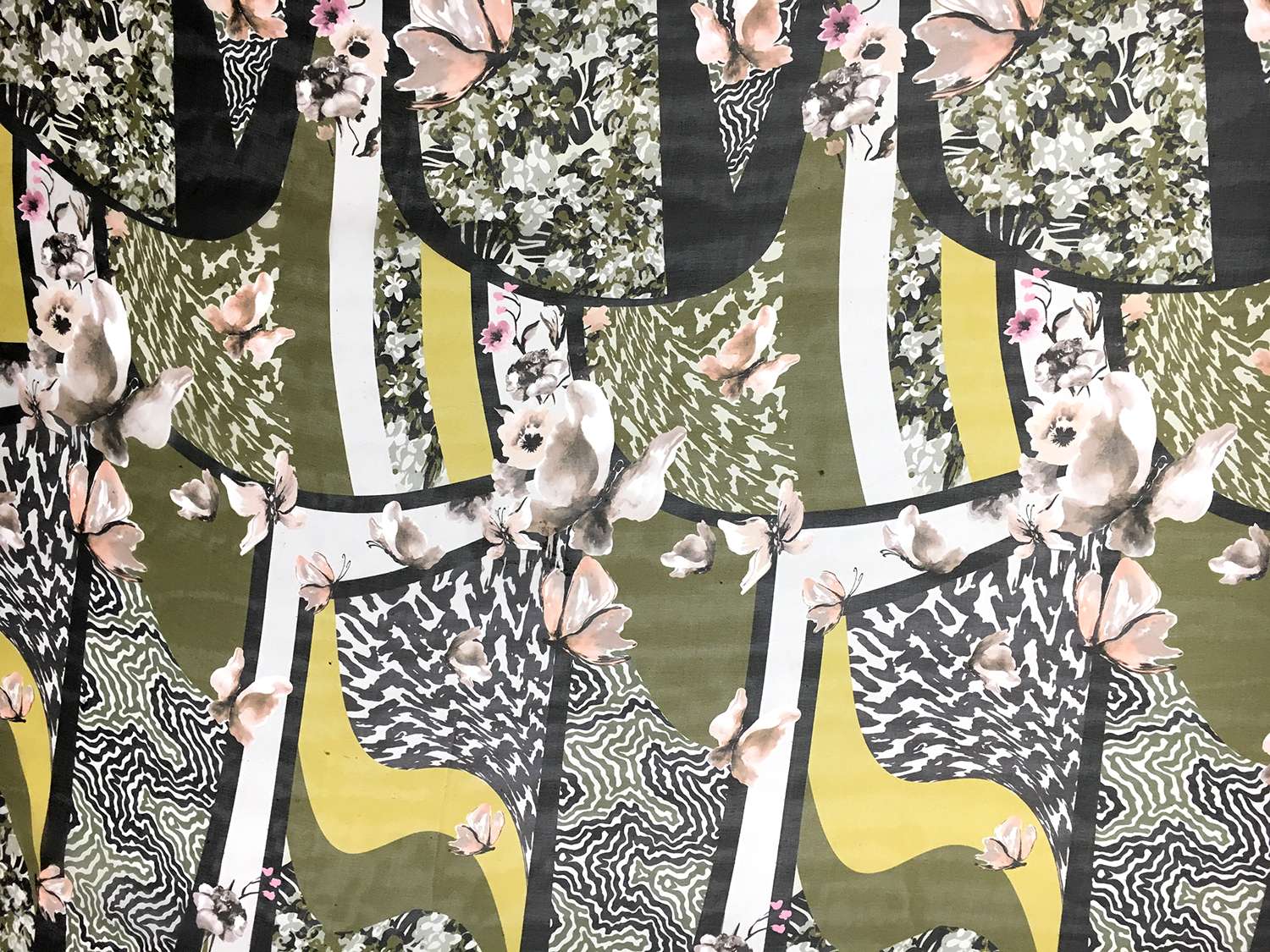 Printed Silk Chiffon with Butterflies and Abstract Geometric Patterns0