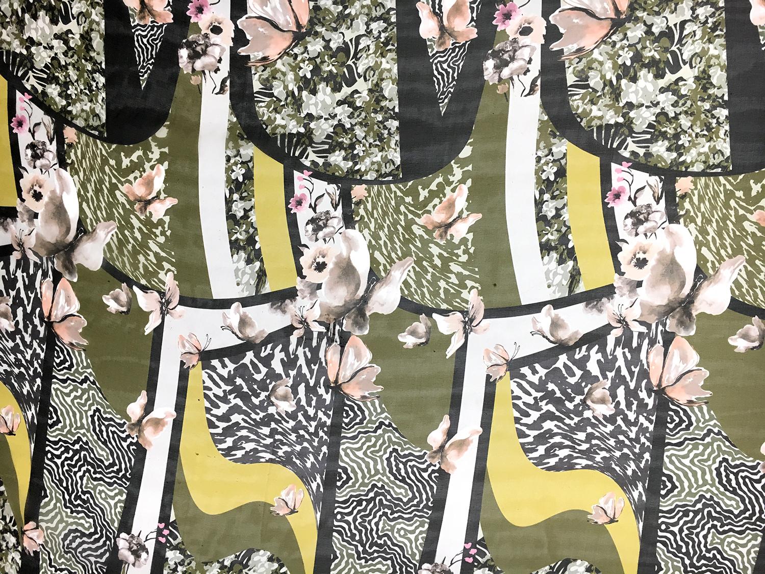 Printed Silk Chiffon with Butterflies and Abstract Geometric Patterns