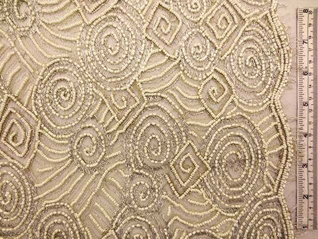 Double scallop silver and cream geometric beaded metallic French Chantilly Lace