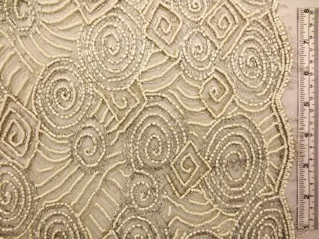 Double scallop silver and cream geometric beaded metallic French Chantilly Lace