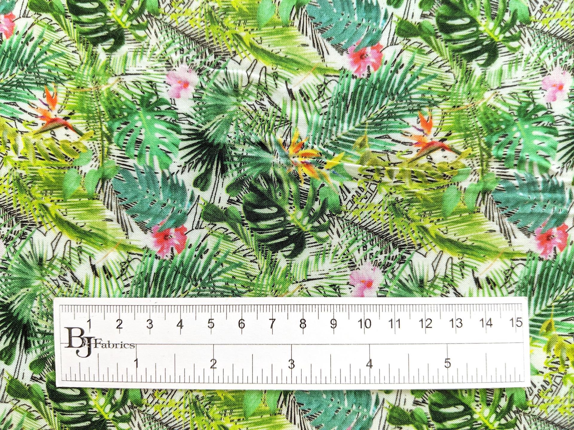 Viscose Print with Tropical Plants and Birds of Paradise