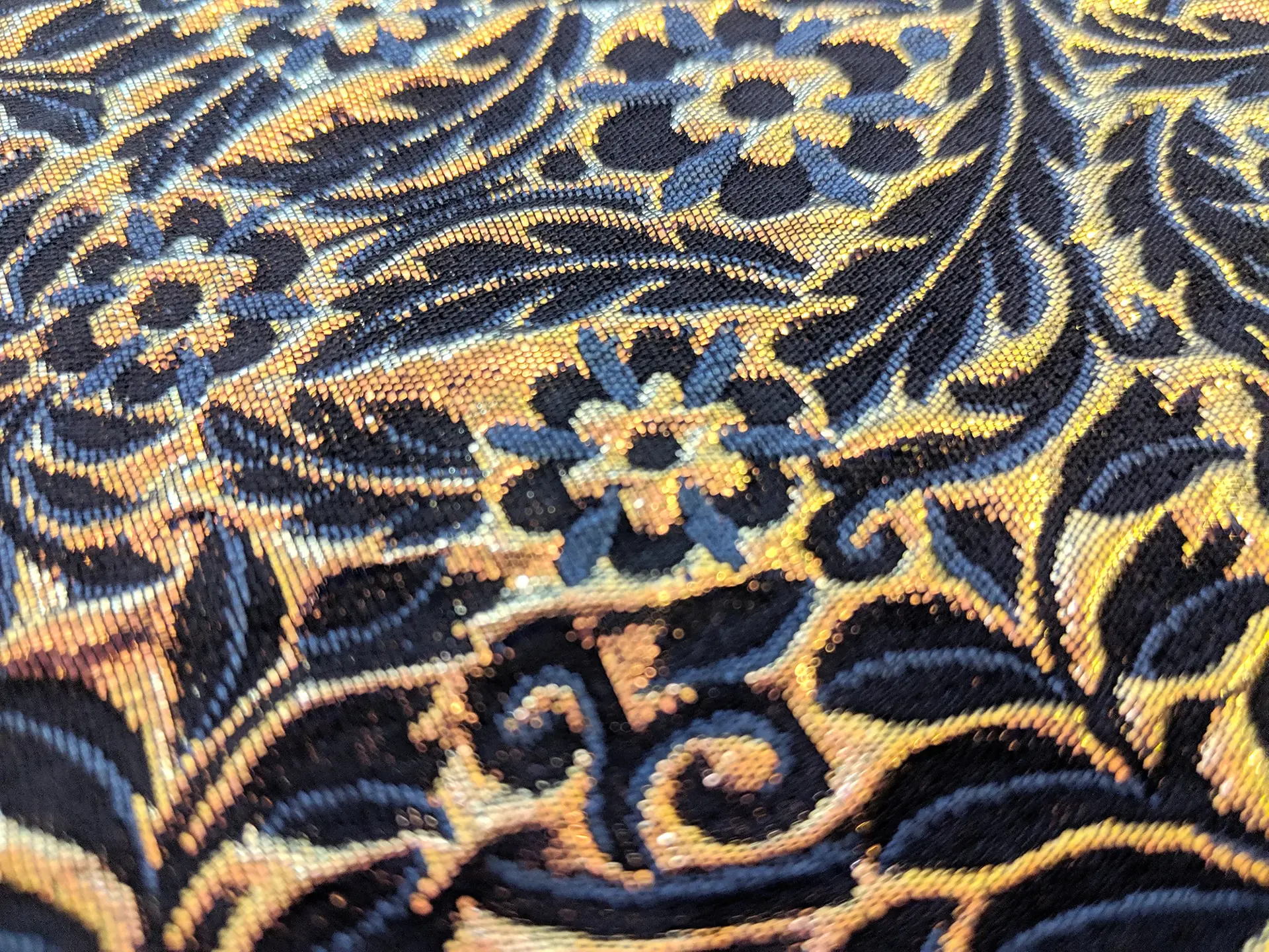 Metallic Brocade with Heavy Floral Ornamentation with Dark Blue Accents
