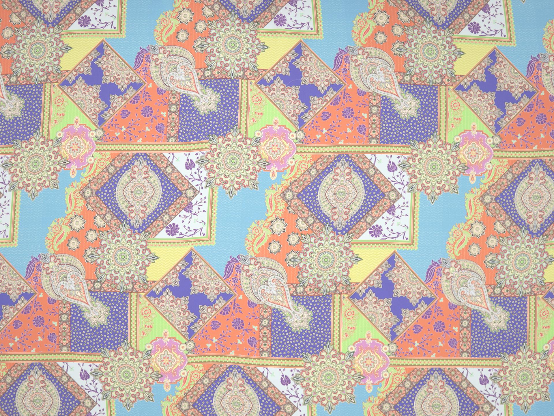 Printed Silk Chiffon in Paisley On Blue Light-Blue Yellow Orange White Background