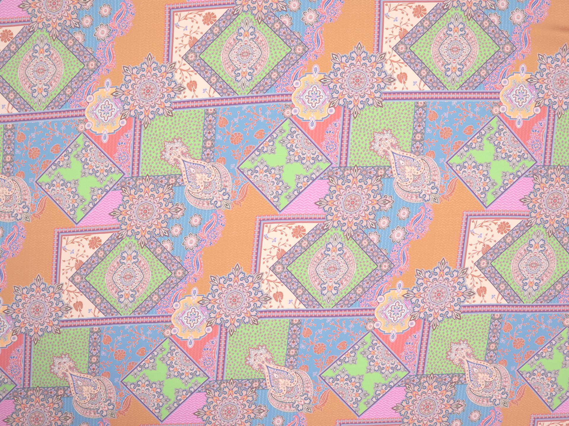 Printed Silk Chiffon in Paisley On Pink Yellow Blue Orange Green Background