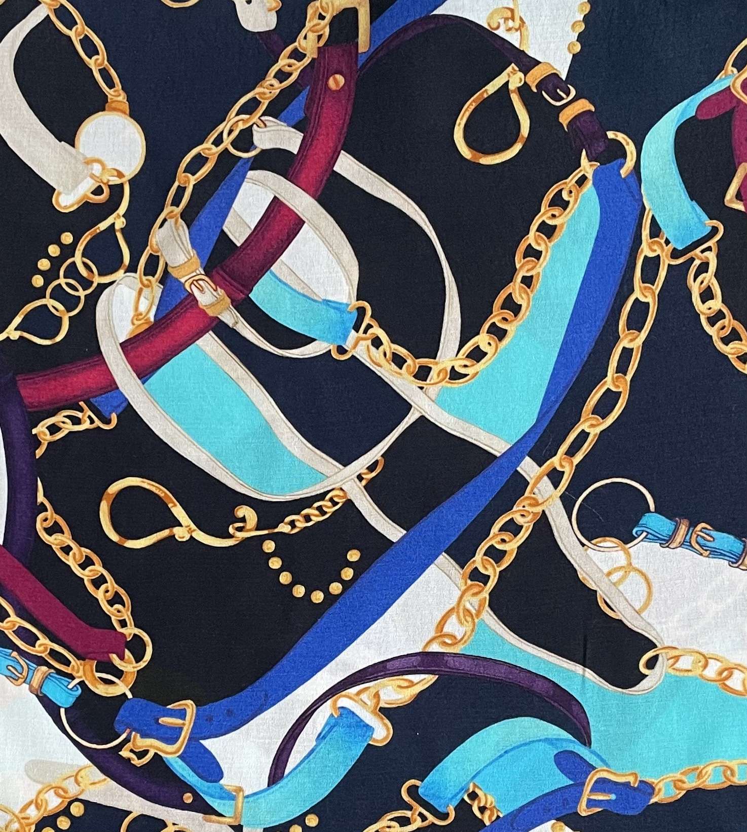 Made in Italy 100% Viscose Challis Equestrian Print in Navy Multi