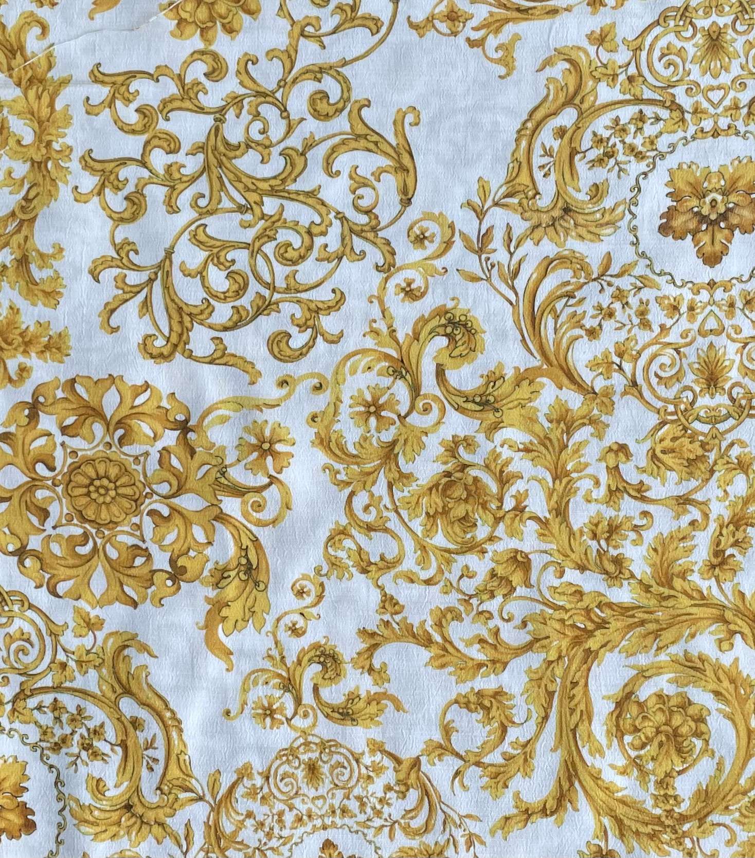 Made in Italy 100% Viscose Challis Baroque Print in White/Gold