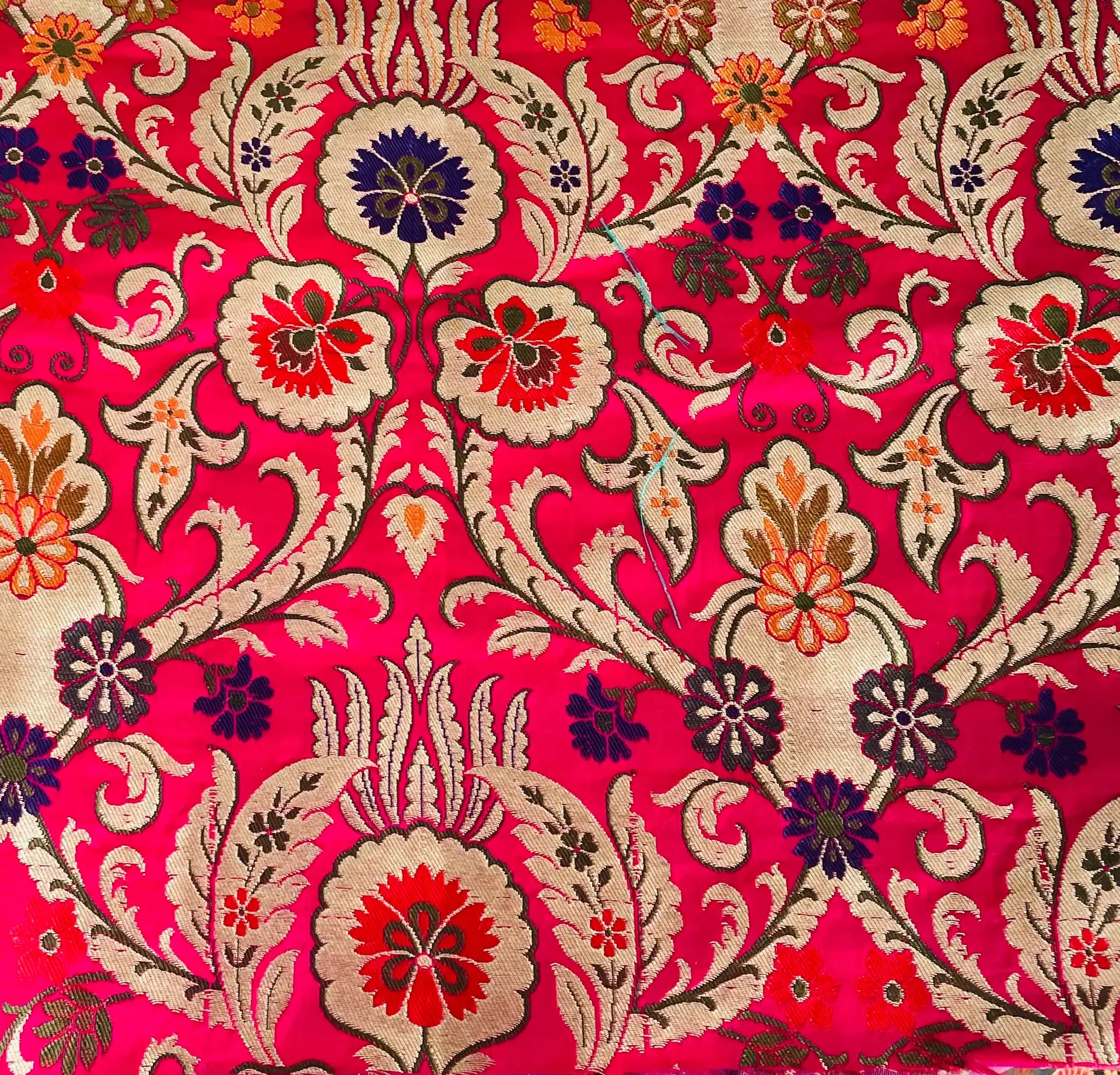 Metallic Brocade in Fuchsia Ground with Multi-Colored Gold Metallic Floral