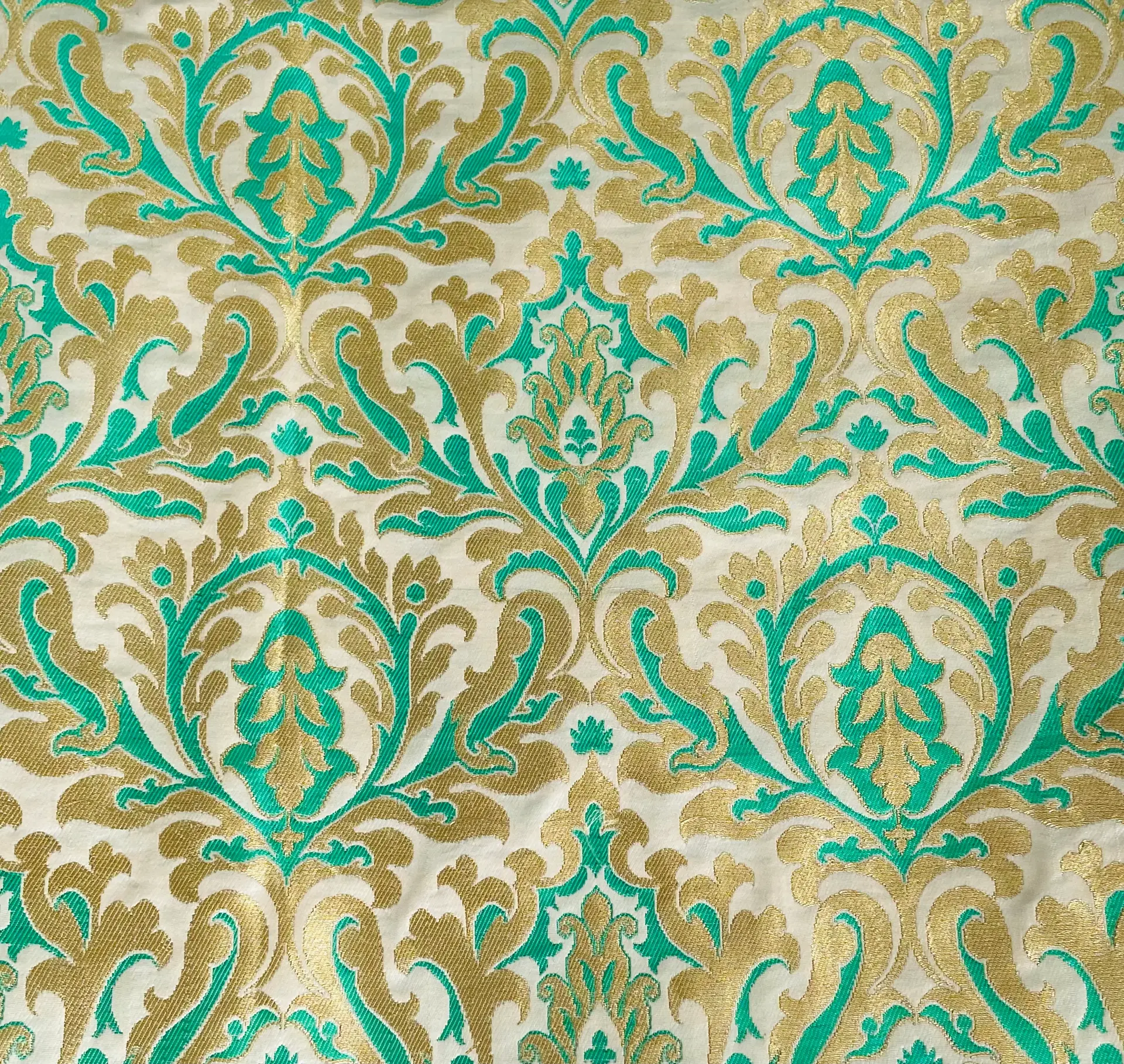 Metallic Brocade in Off-White Ground with Green and Gold Baroque Design