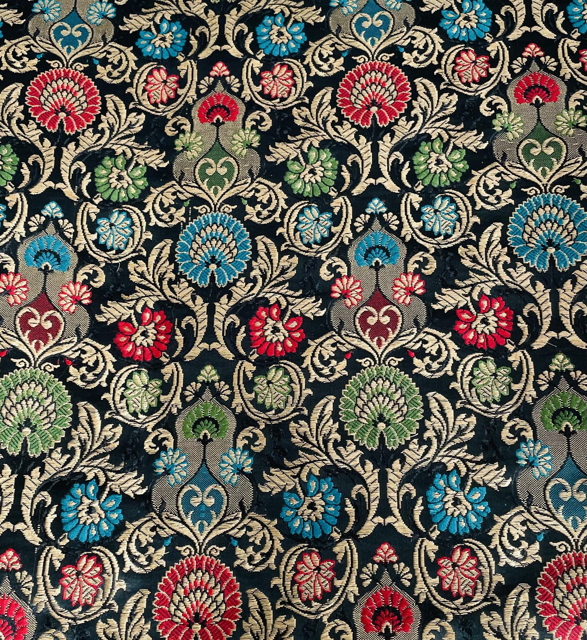 Metallic Brocade in Black Ground with Multi-Colored Gold Metallic Floral