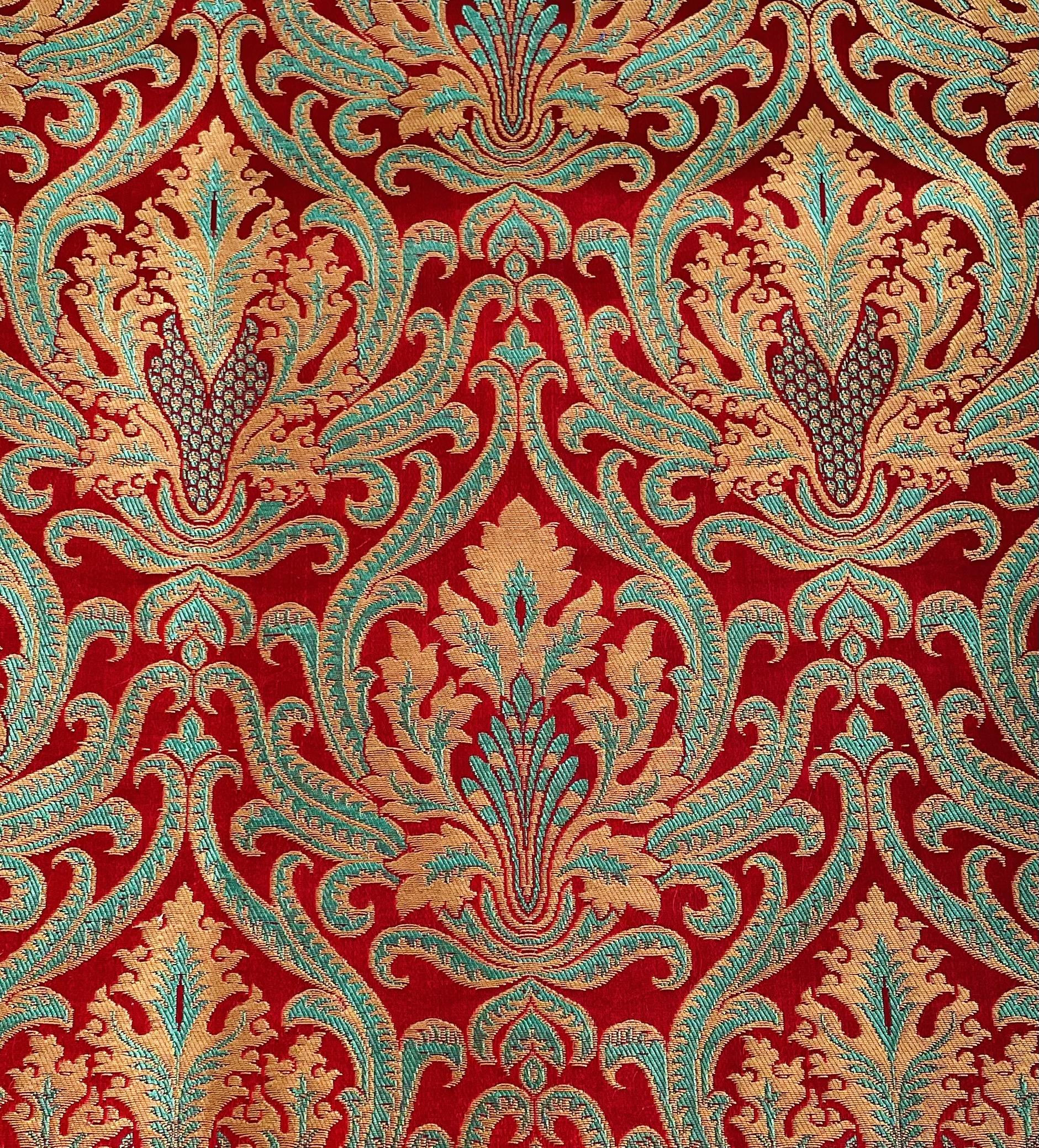 Metallic Brocade in Red Ground with Green and Gold Baroque Design