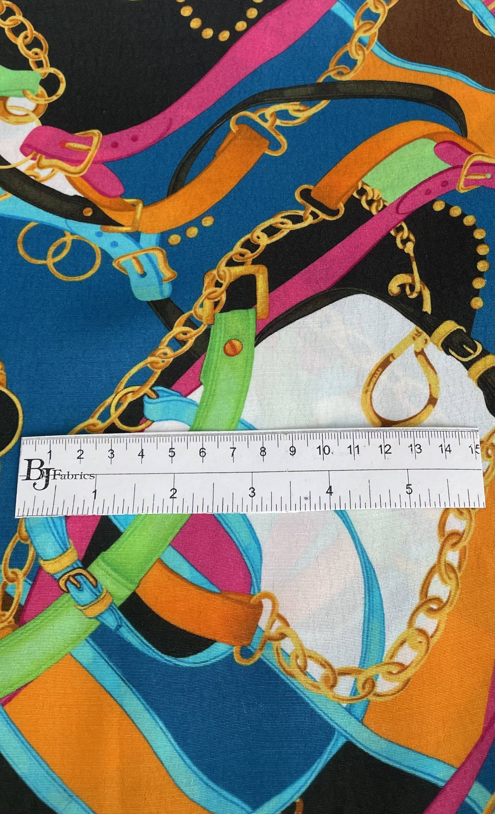 Made in Italy 100% Viscose Challis Equestrian Print in Turquoise Multi