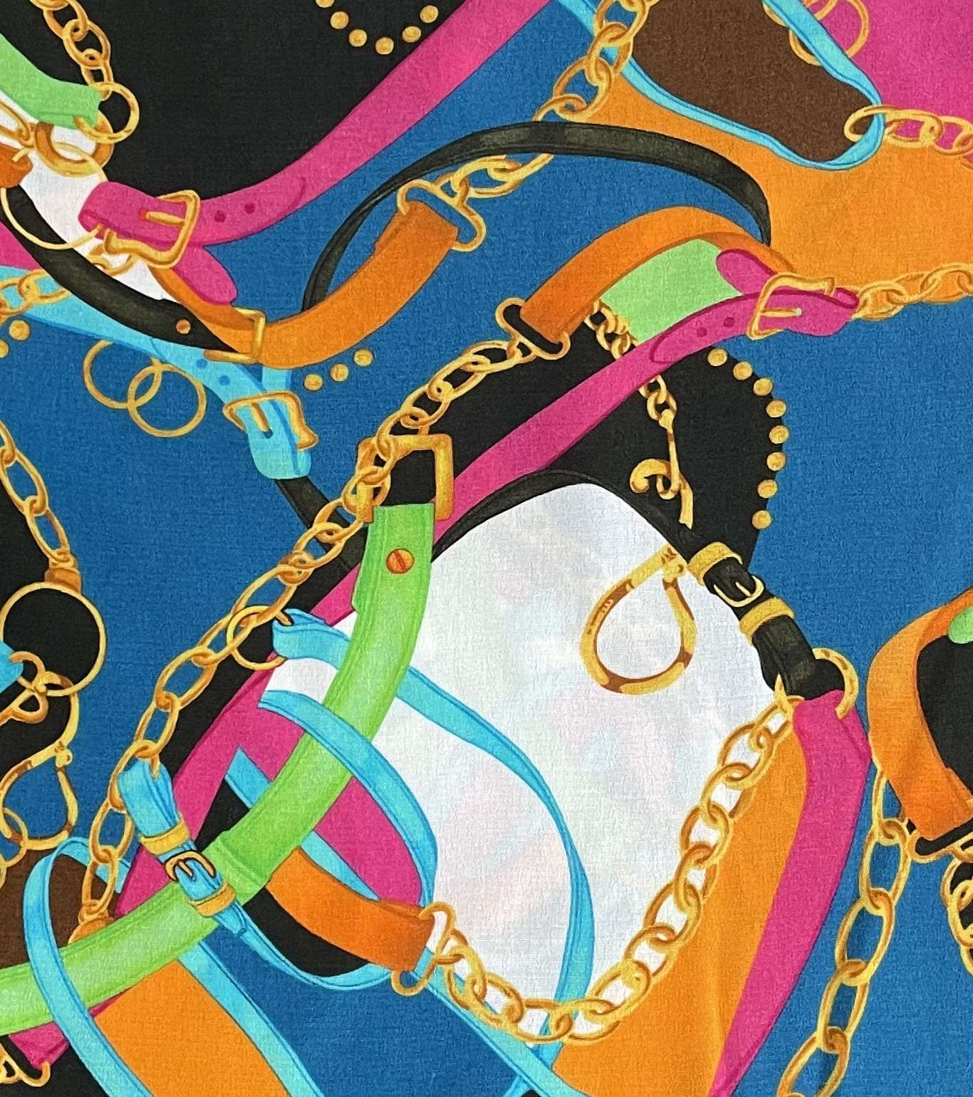 Made in Italy 100% Viscose Challis Equestrian Print in Turquoise Multi