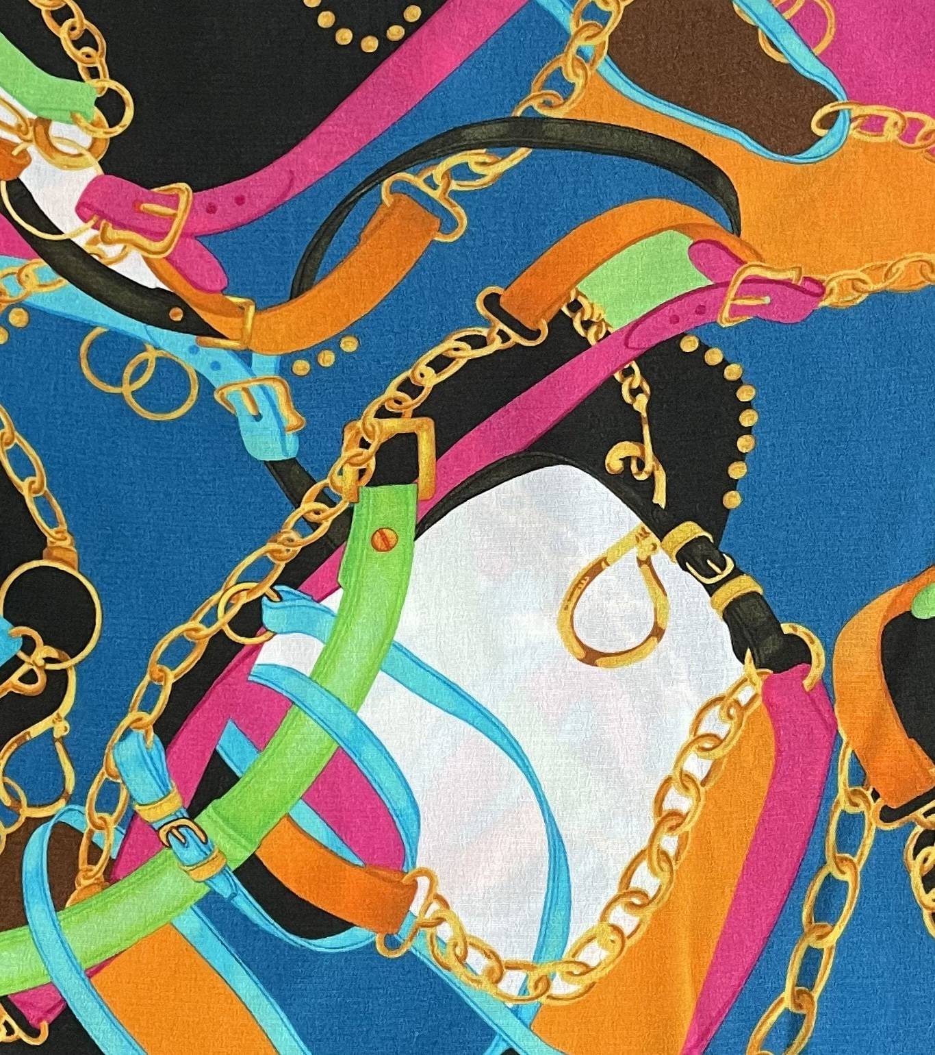 Made in Italy 100% Viscose Challis Equestrian Print in Turquoise Multi