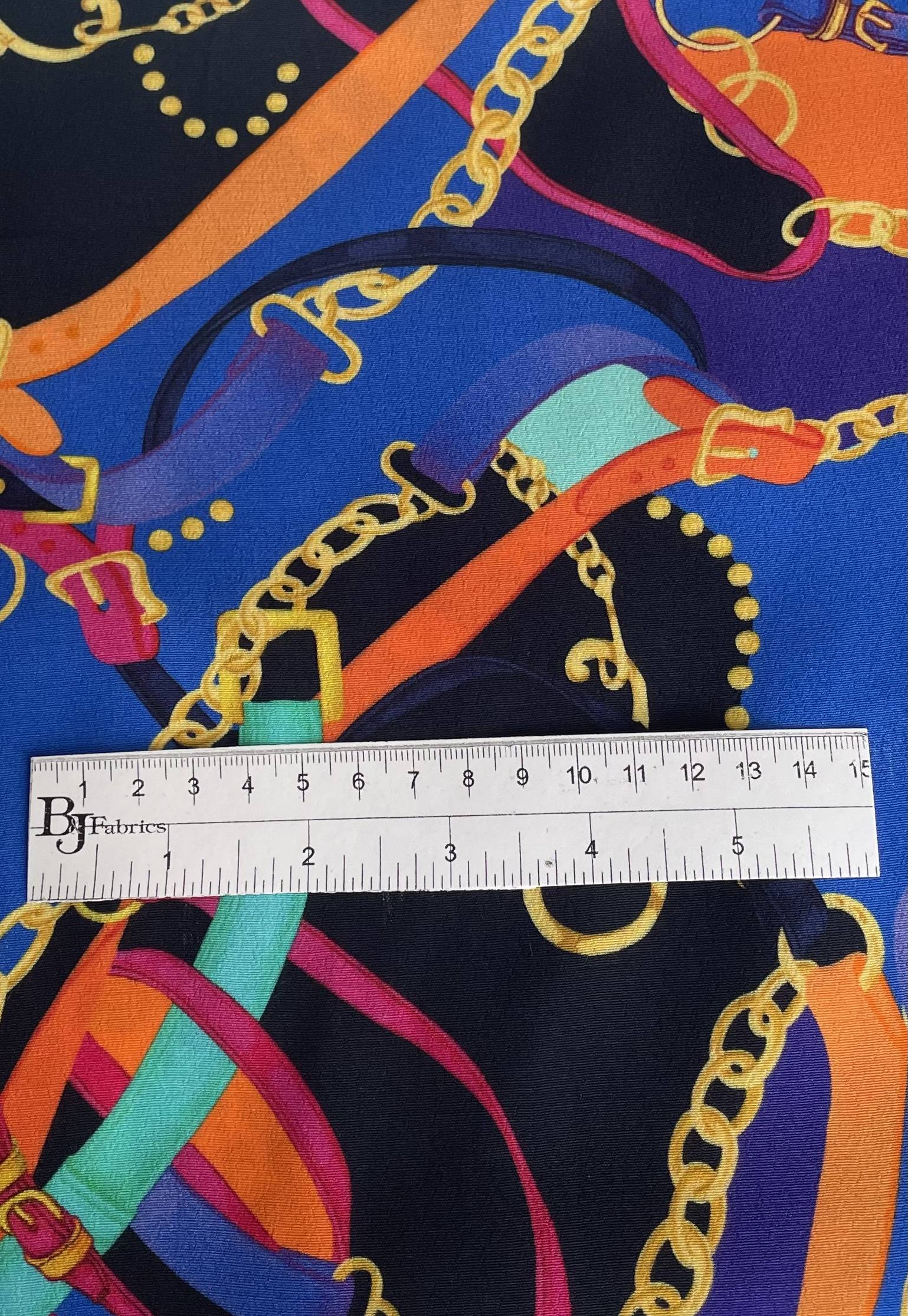 Made in Italy 100% Viscose Challis Equestrian Print in Blue Multi