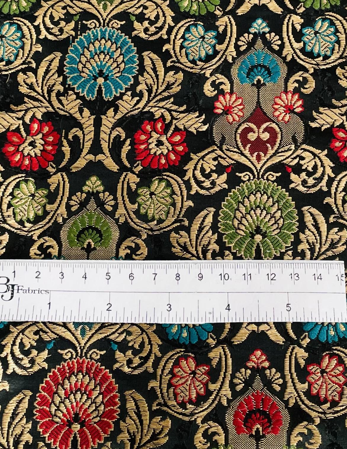 Metallic Brocade in Black Ground with Multi-Colored Gold Metallic Floral
