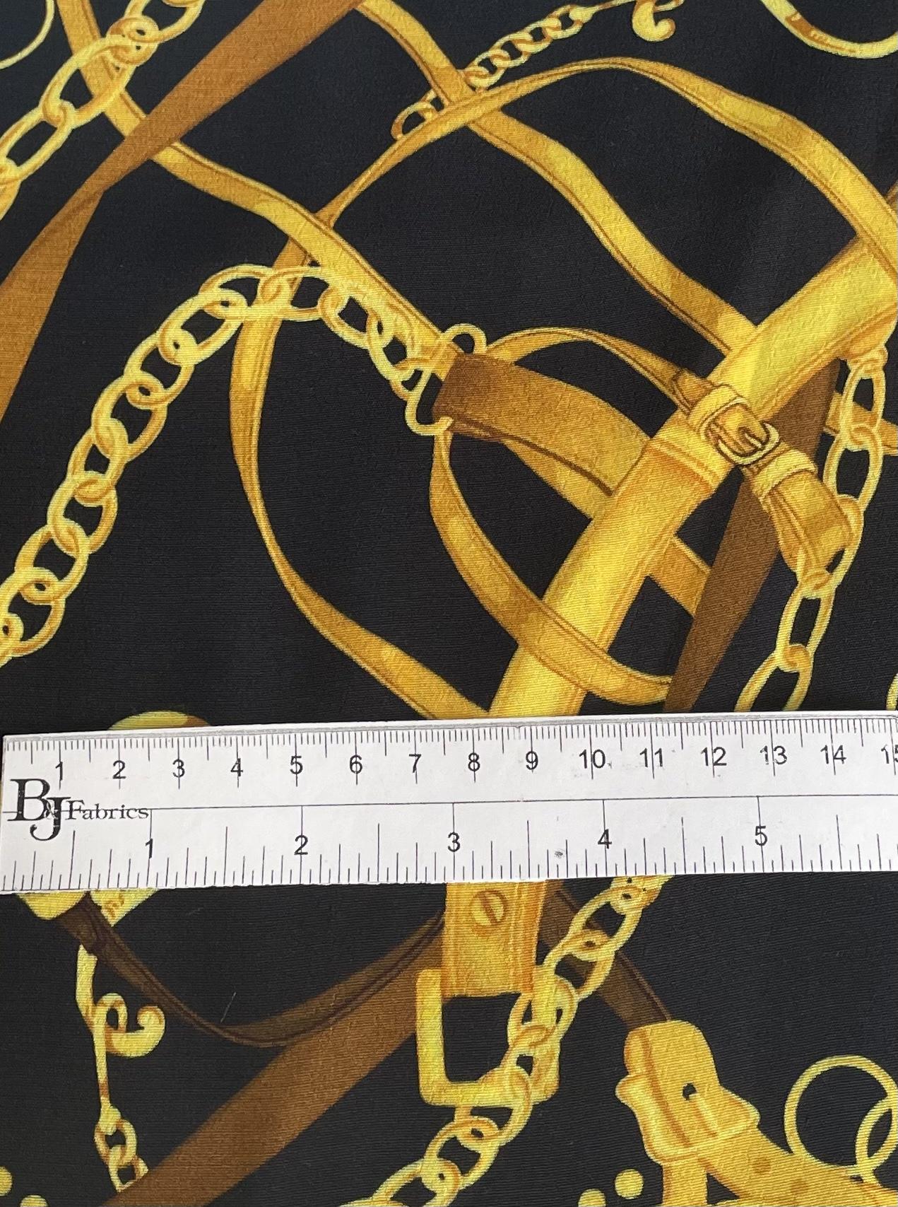 Made in Italy 100% Viscose Challis Equestrian Print in Black/Gold