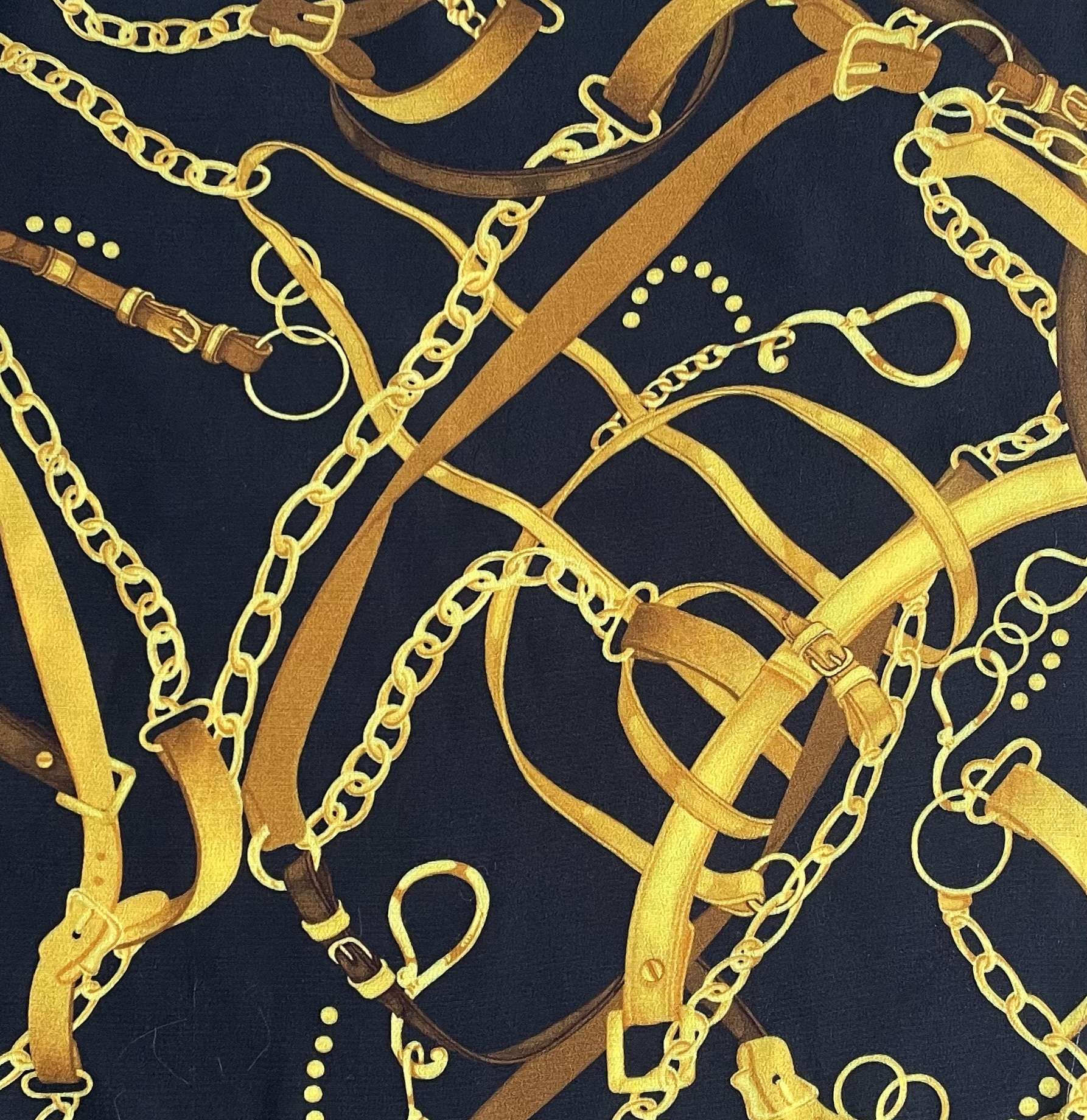 Made in Italy 100% Viscose Challis Equestrian Print in Black/Gold