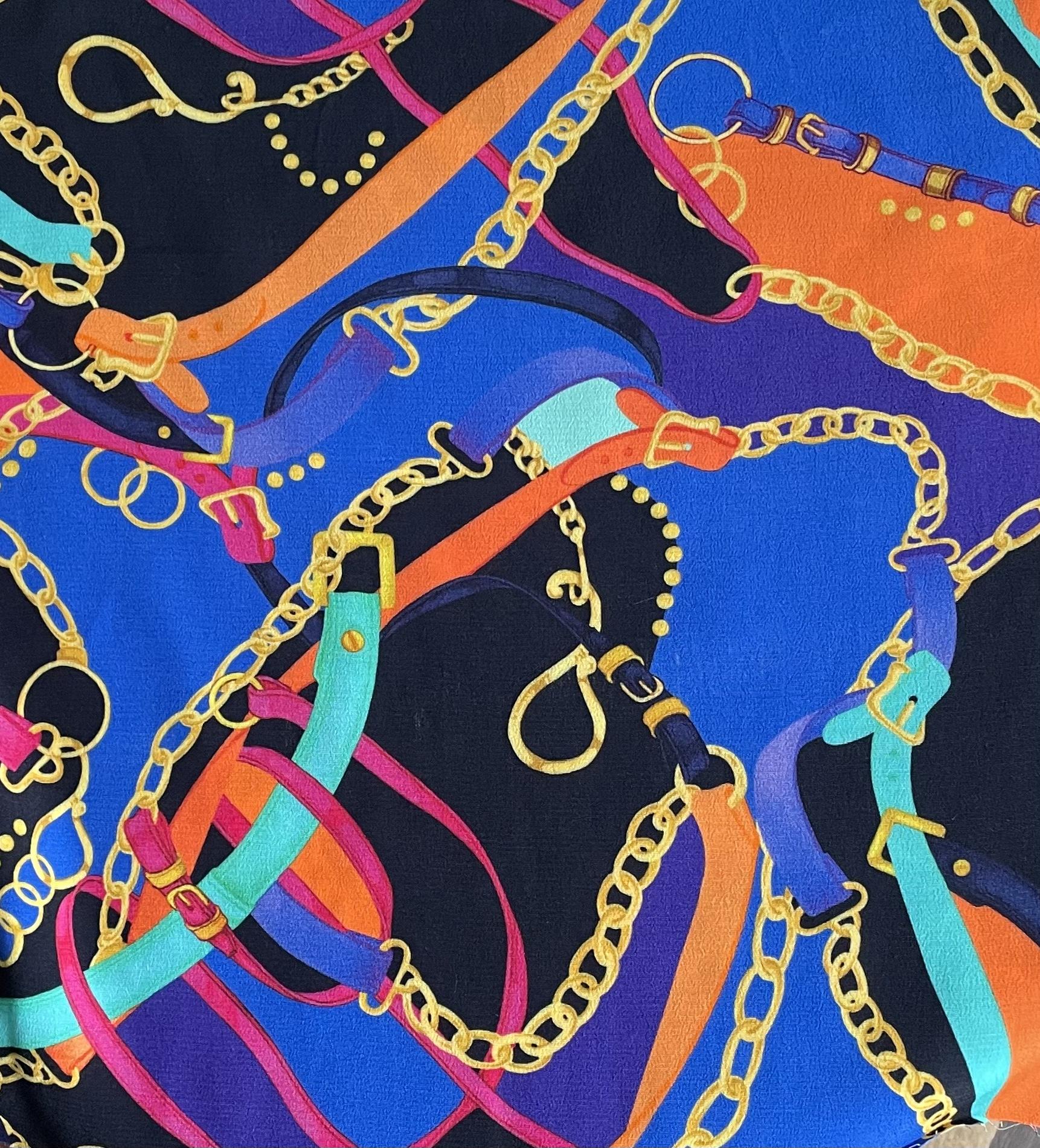 Made in Italy 100% Viscose Challis Equestrian Print in Blue Multi