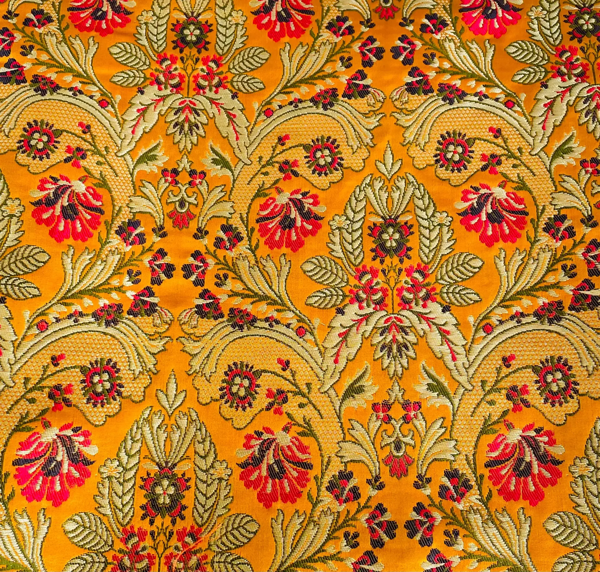 Metallic Brocade in Orange Ground with Multi-Colored Gold Metallic Floral