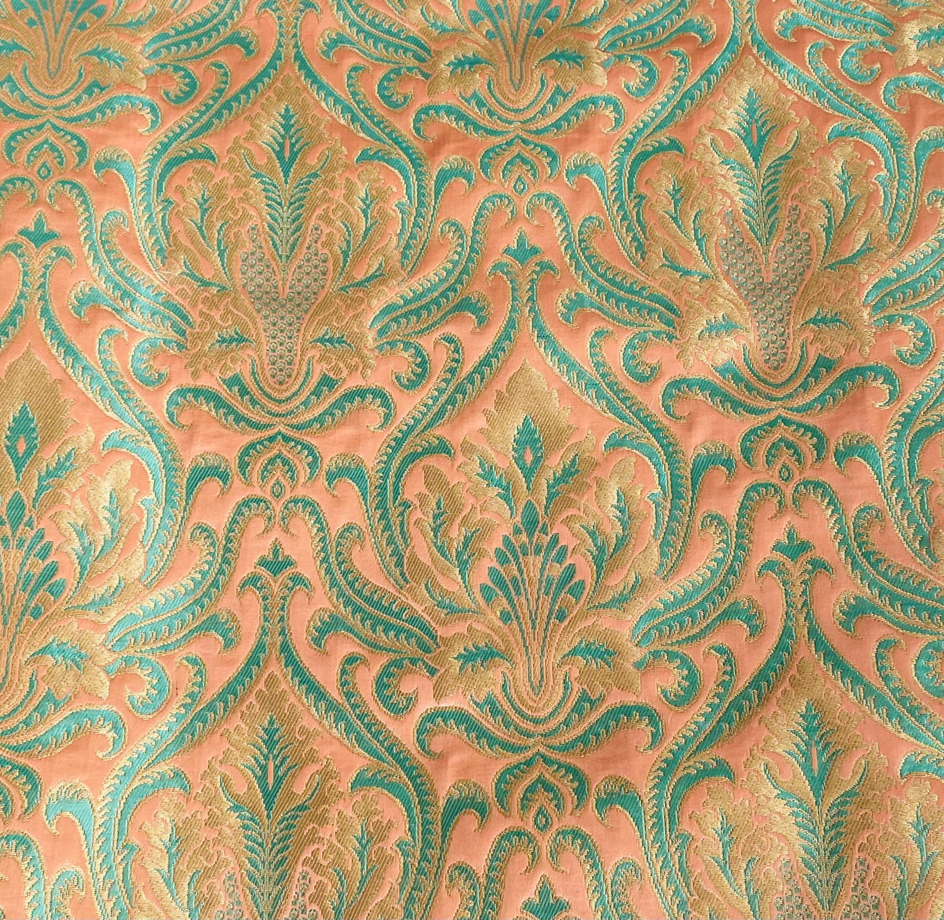 Metallic Brocade in Salmon Ground with Light Turquoise and Gold Baroque Design