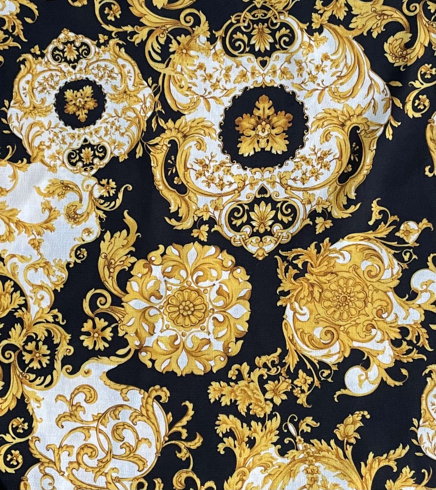 Made in Italy 100% Viscose Challis Baroque Print in Black/Gold