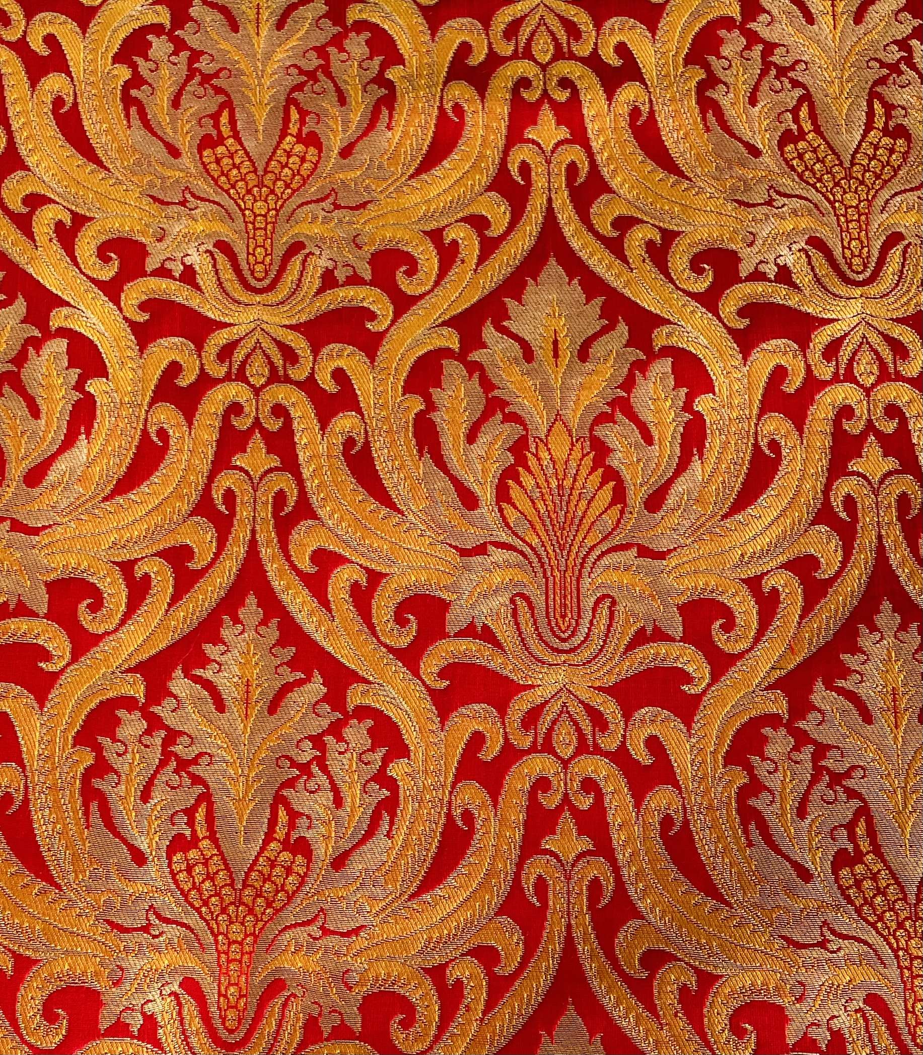 Metallic Brocade in Red with Orange and Gold Baroque Design