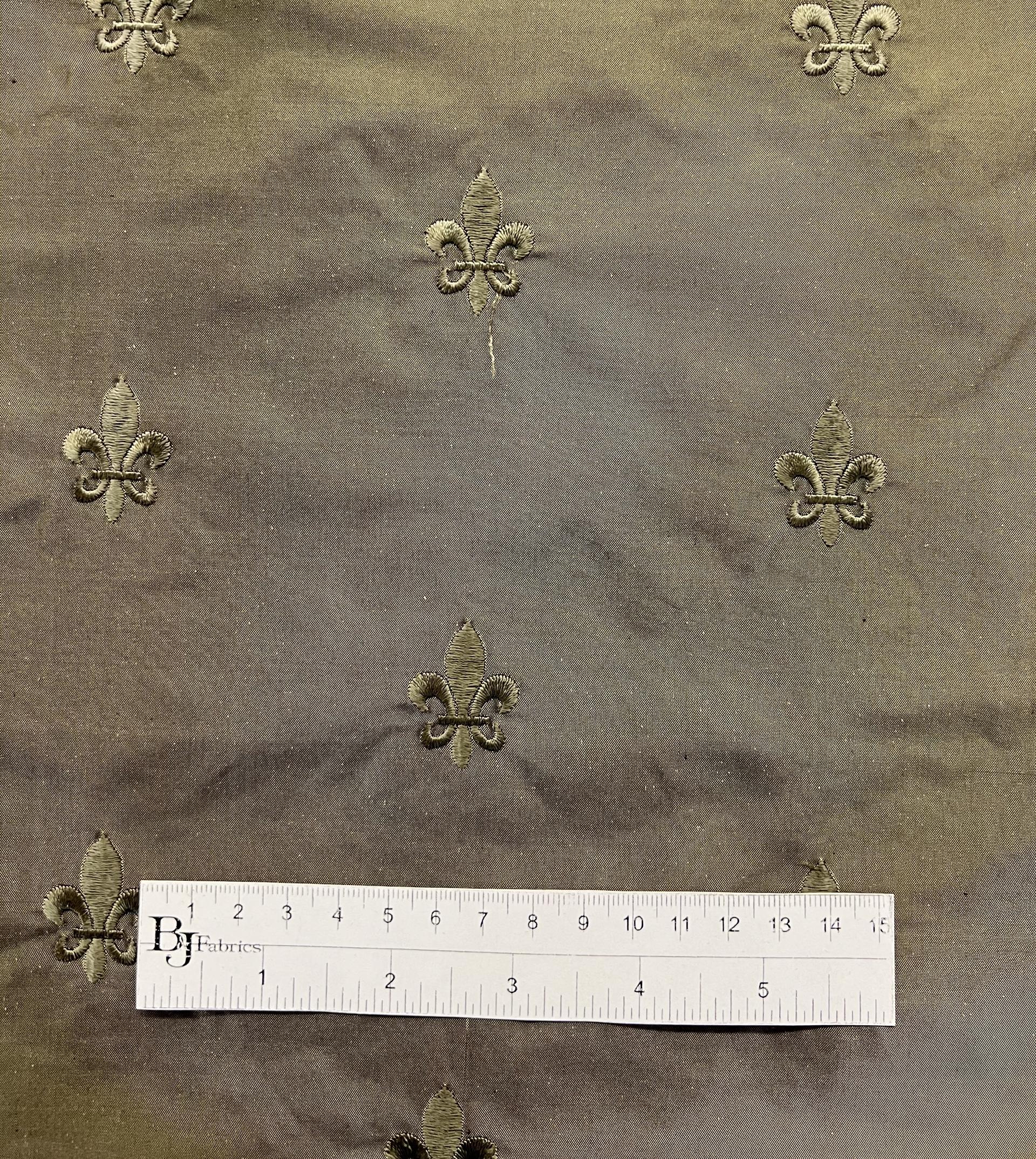 Fleur-De-Lis Embroidered Silk Taffeta in Old Gold