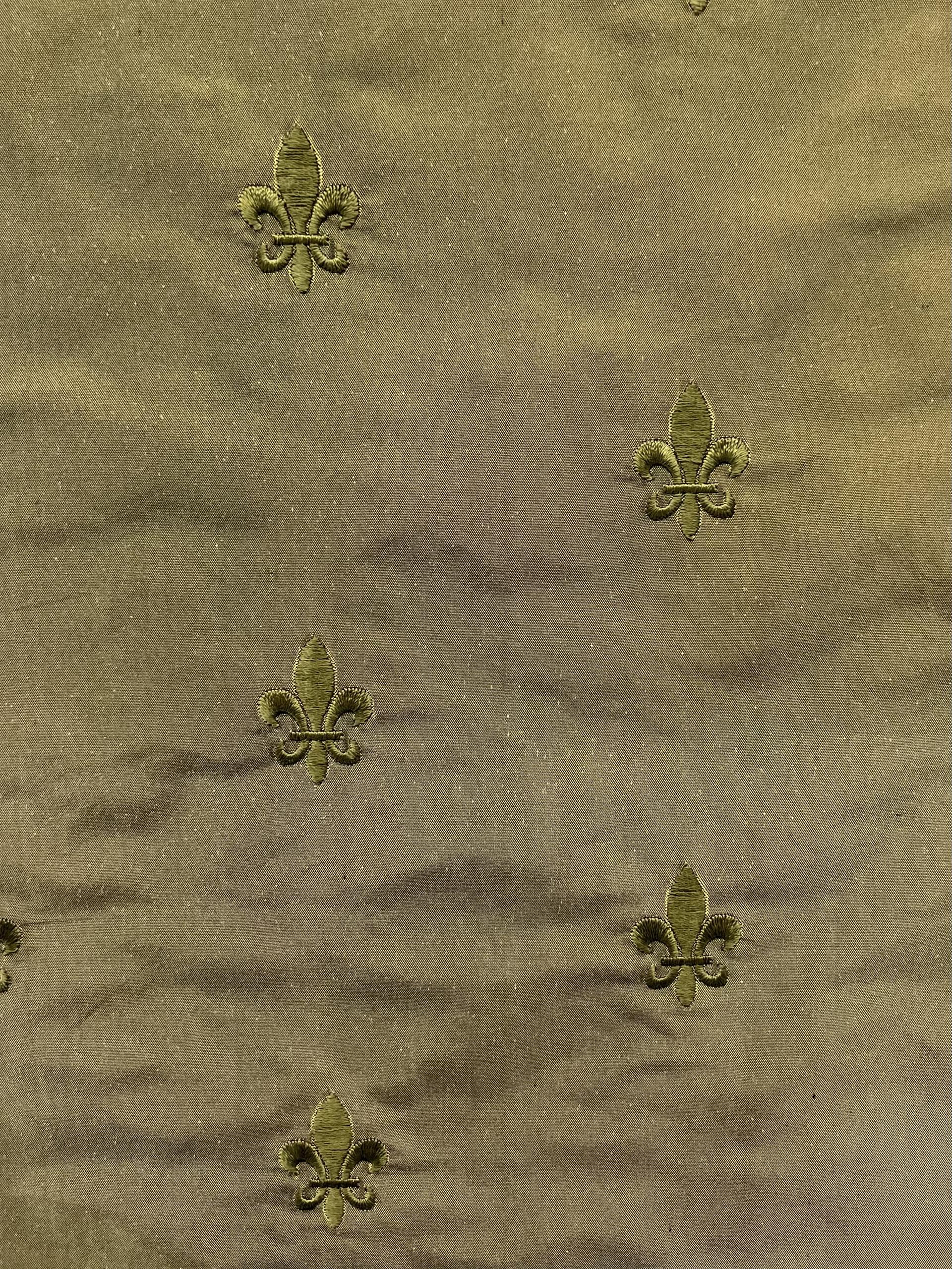 Fleur-De-Lis Embroidered Silk Taffeta in Olive