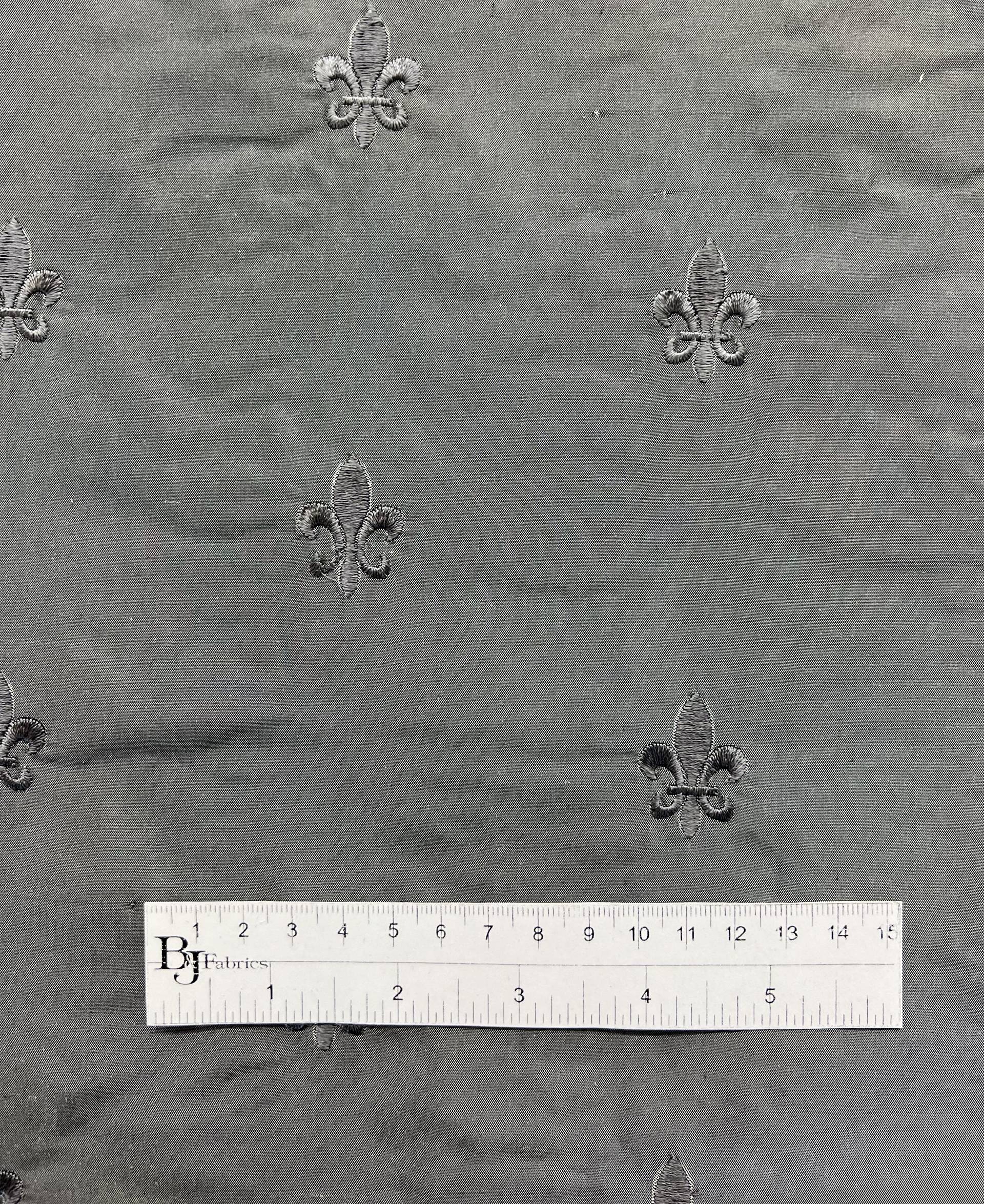 Fleur-De-Lis Embroidered Silk Taffeta in Grey