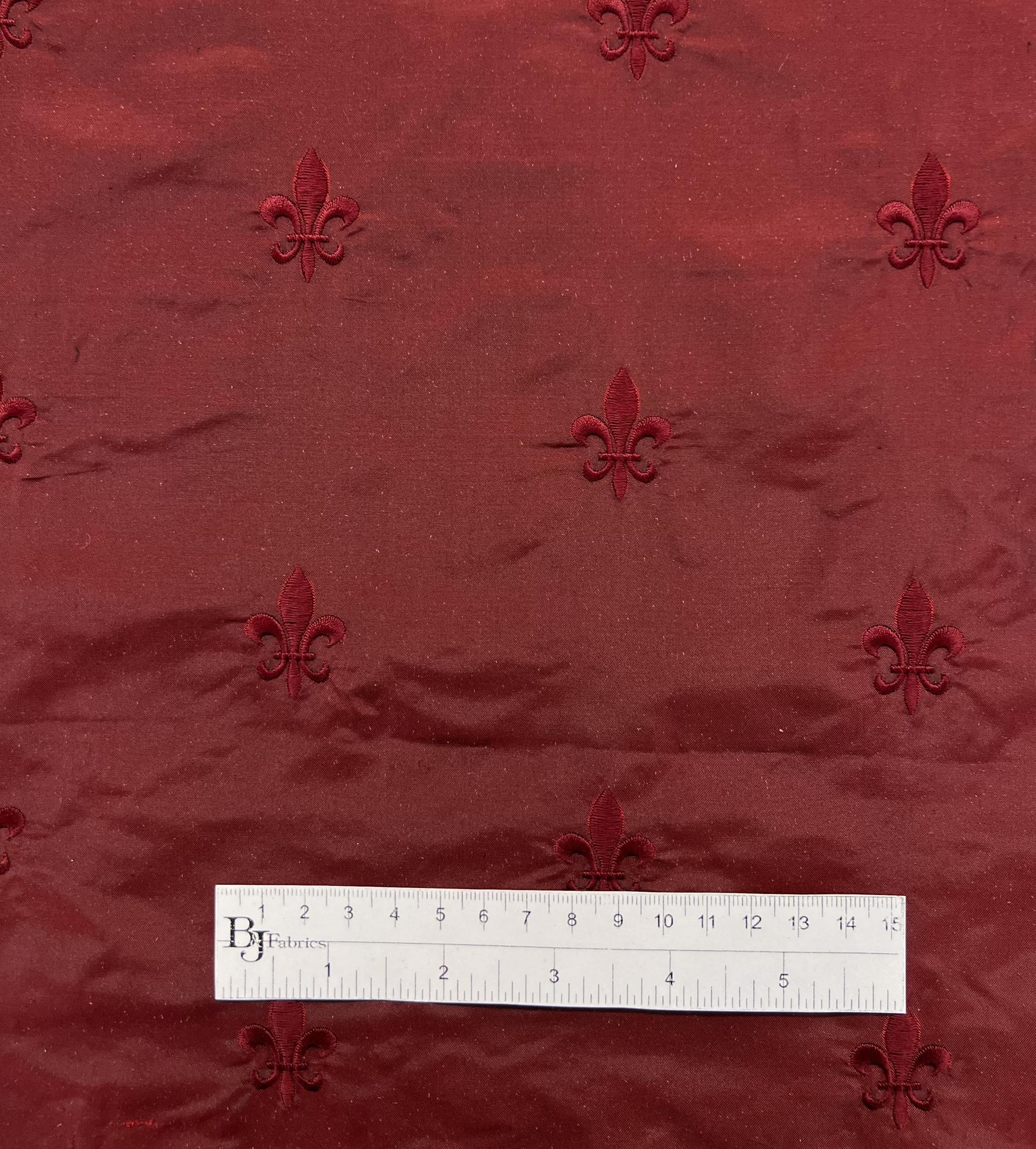 Fleur-De-Lis Embroidered Silk Taffeta in Ox Blood