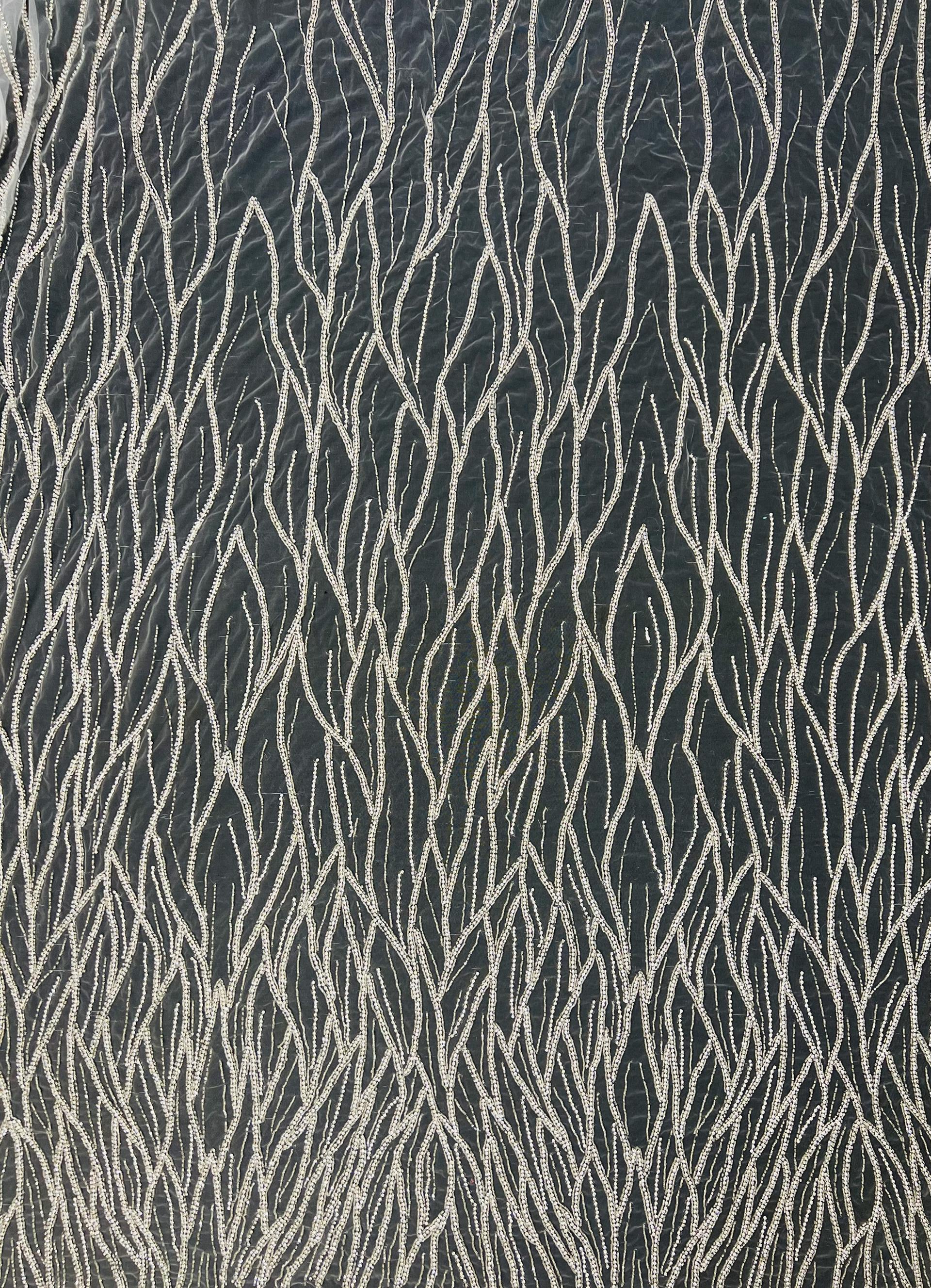 Hand Beaded Tulle With Crystal and Silverline Beads