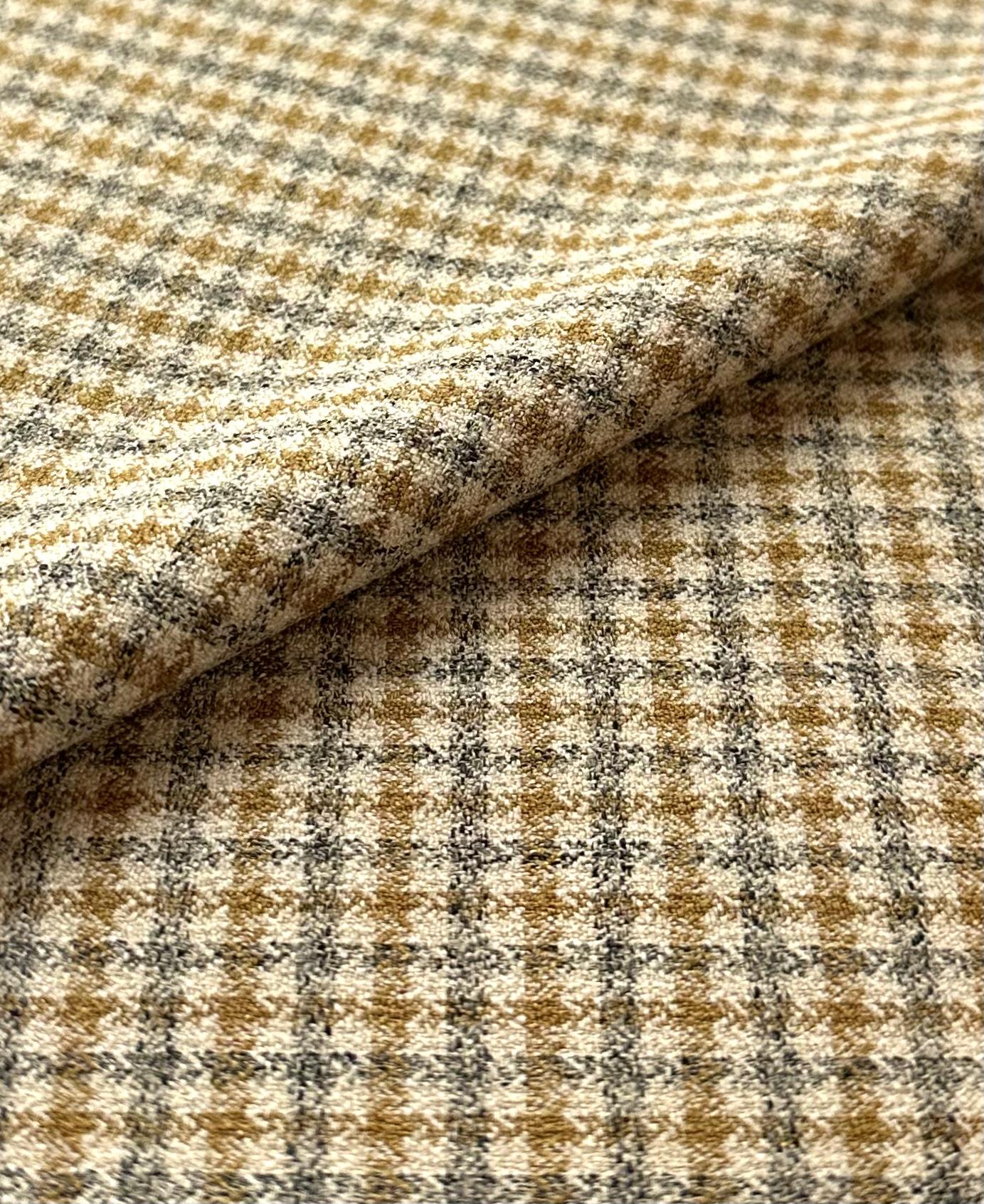 Japanese Polyester Dyed Twill Houndstooth in Sand Mustard Grey