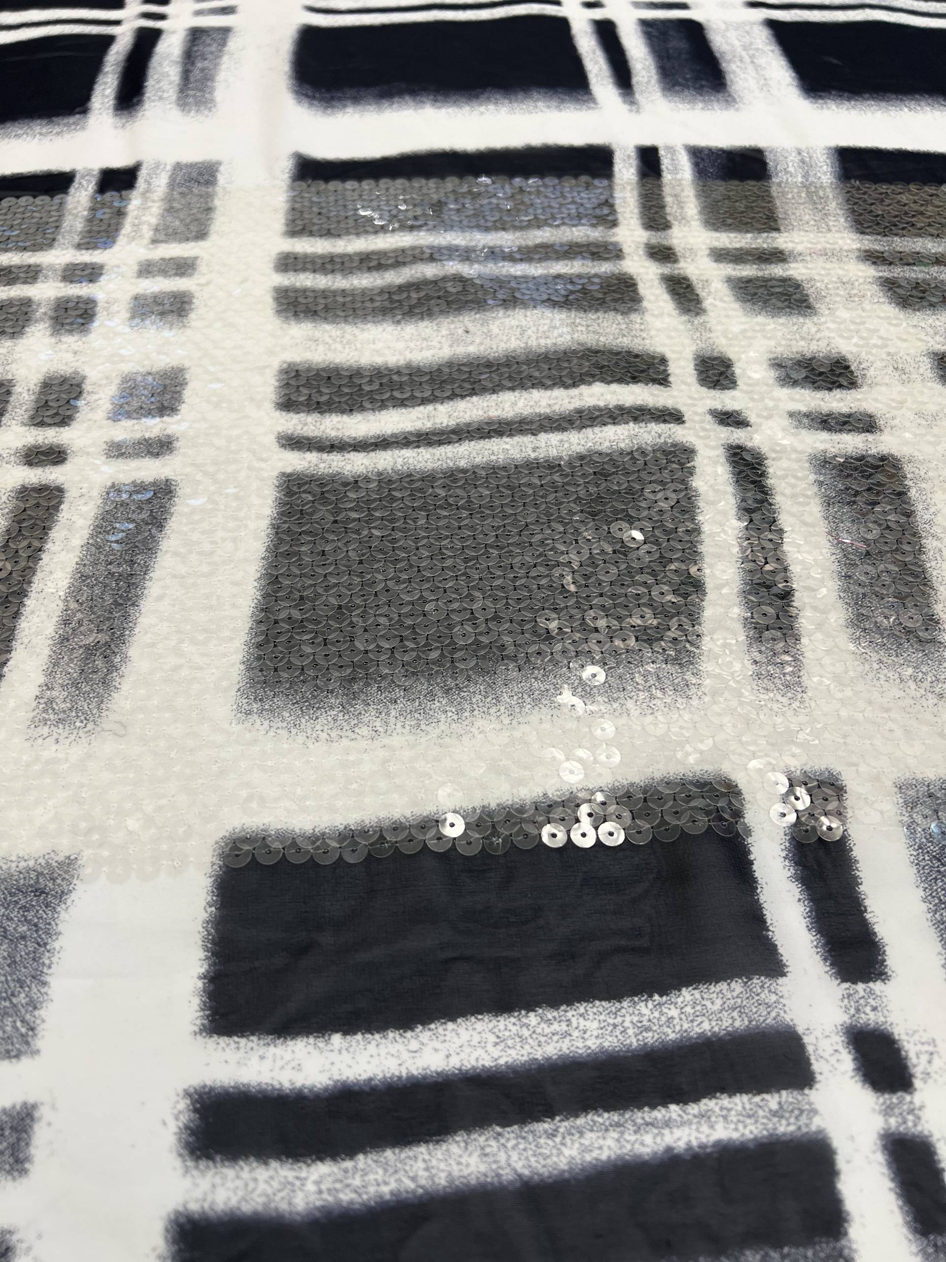 Clear Sequins Boarder on Silk Chiffon in Navy and White