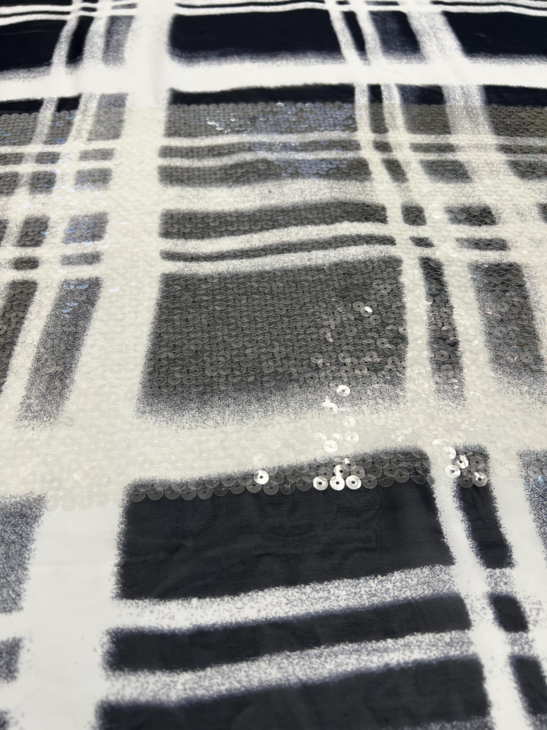 Clear Sequins Boarder on Silk Chiffon in Navy and White