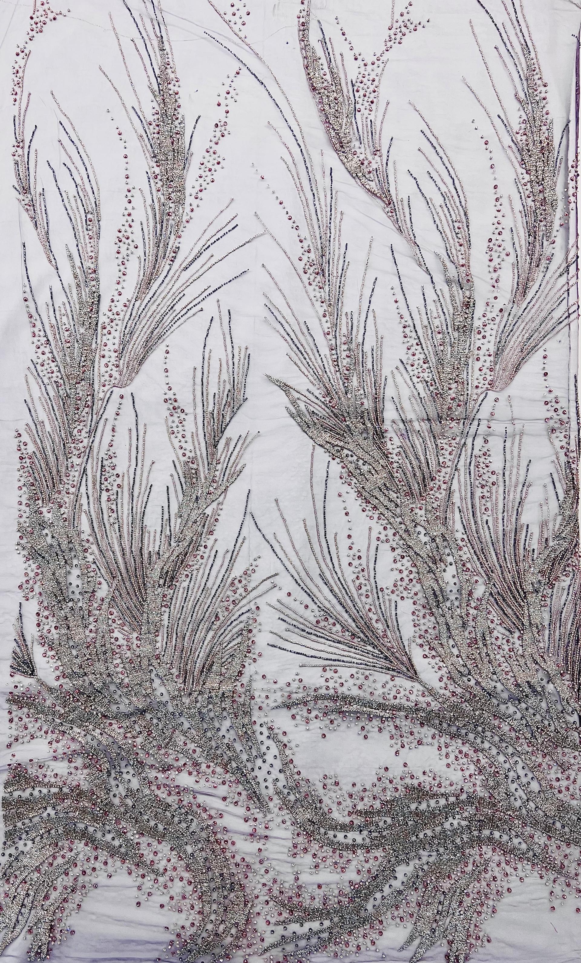 Couture Hand Beaded Tulle with Crystal, Beads and Spring in Lavender