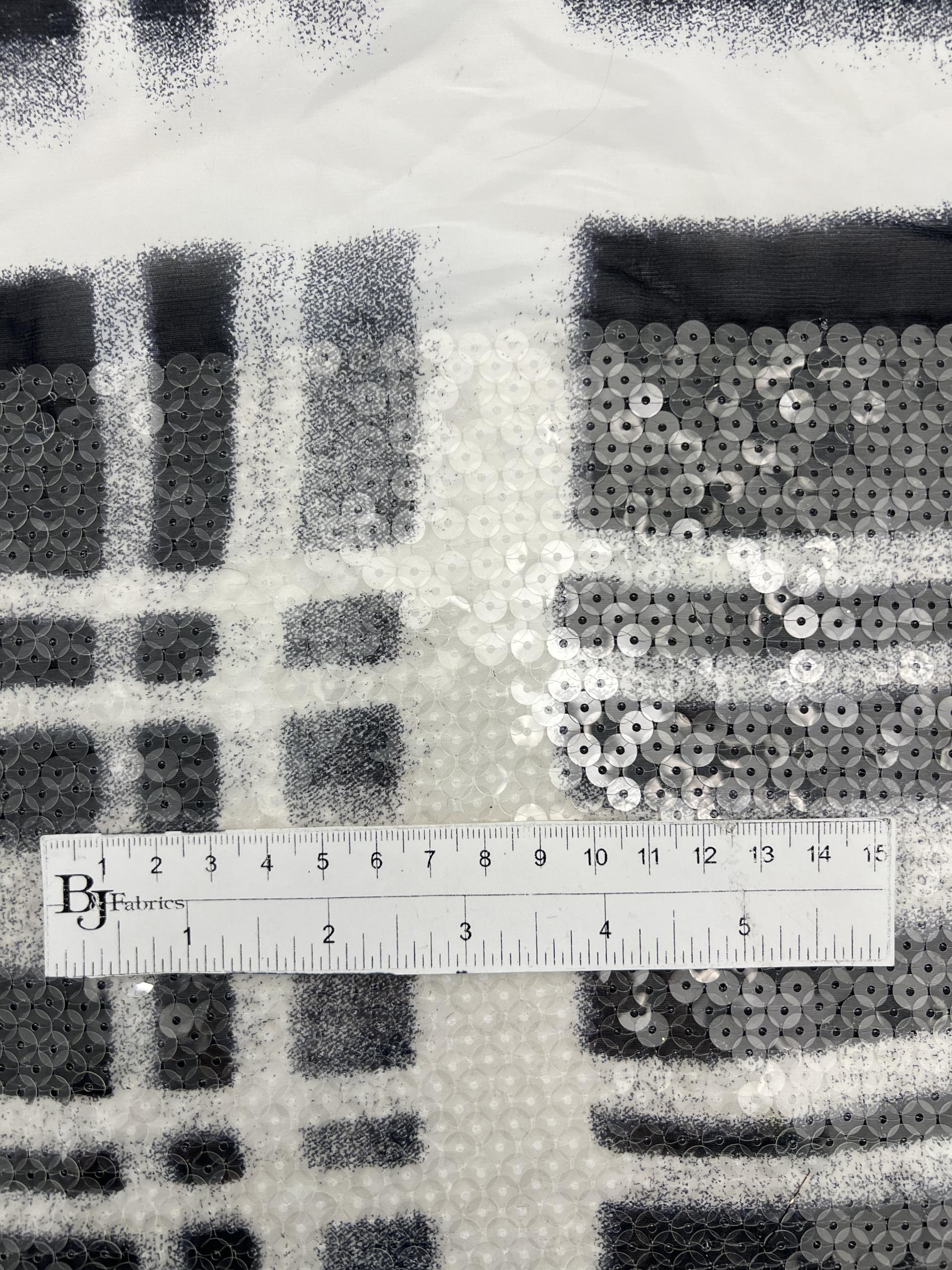 Clear Sequins Boarder on Silk Chiffon in Navy and White