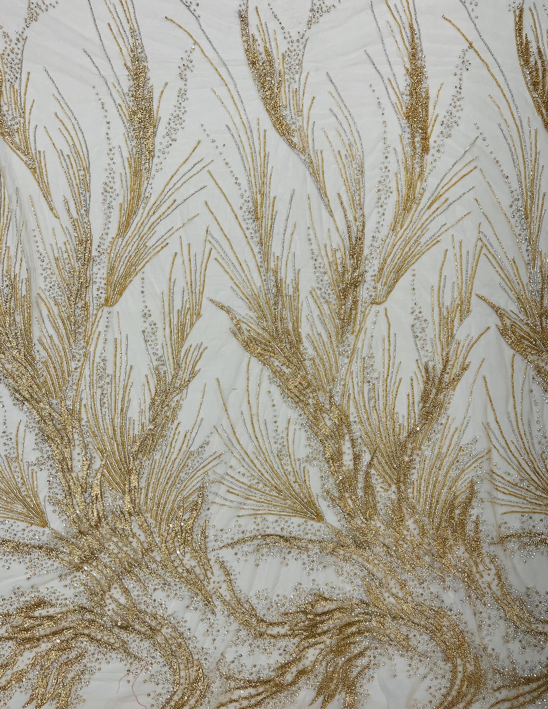 Couture Hand Beaded Tulle with Crystal, Beads and Spring in Gold