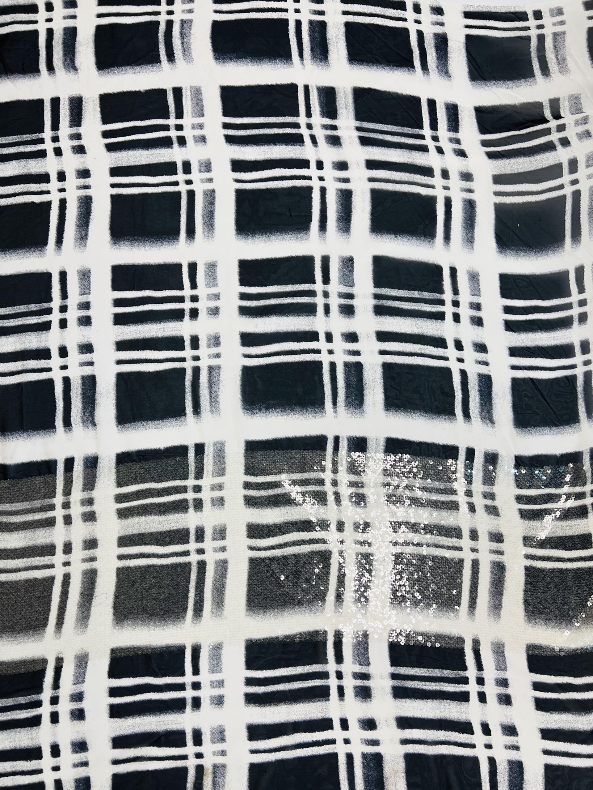 Clear Sequins Boarder on Silk Chiffon in Navy and White