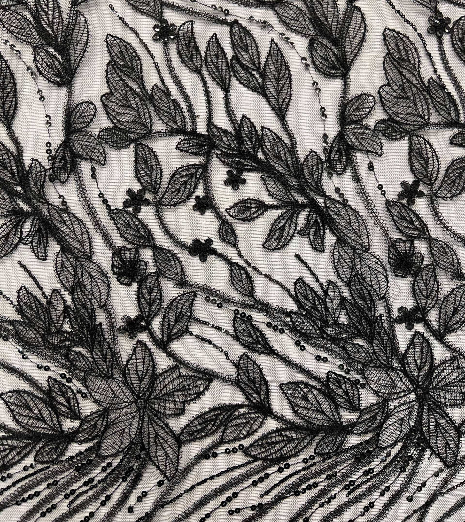 Embroidered Tulle with Botanicals and Sequins Accents in Black