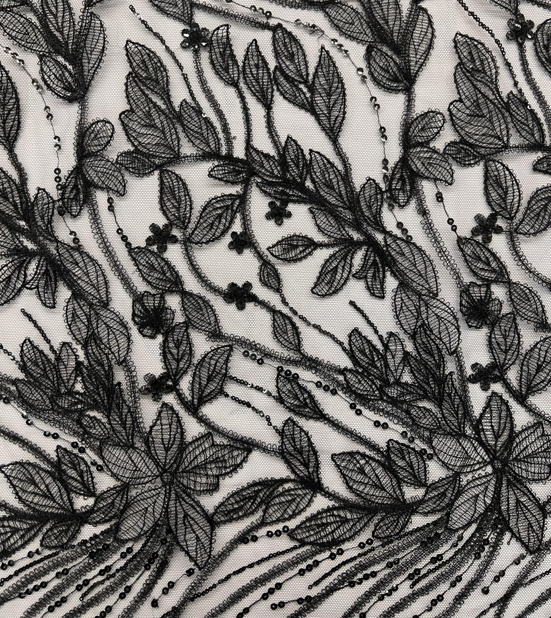 Embroidered Tulle with Botanicals and Sequins Accents in Black